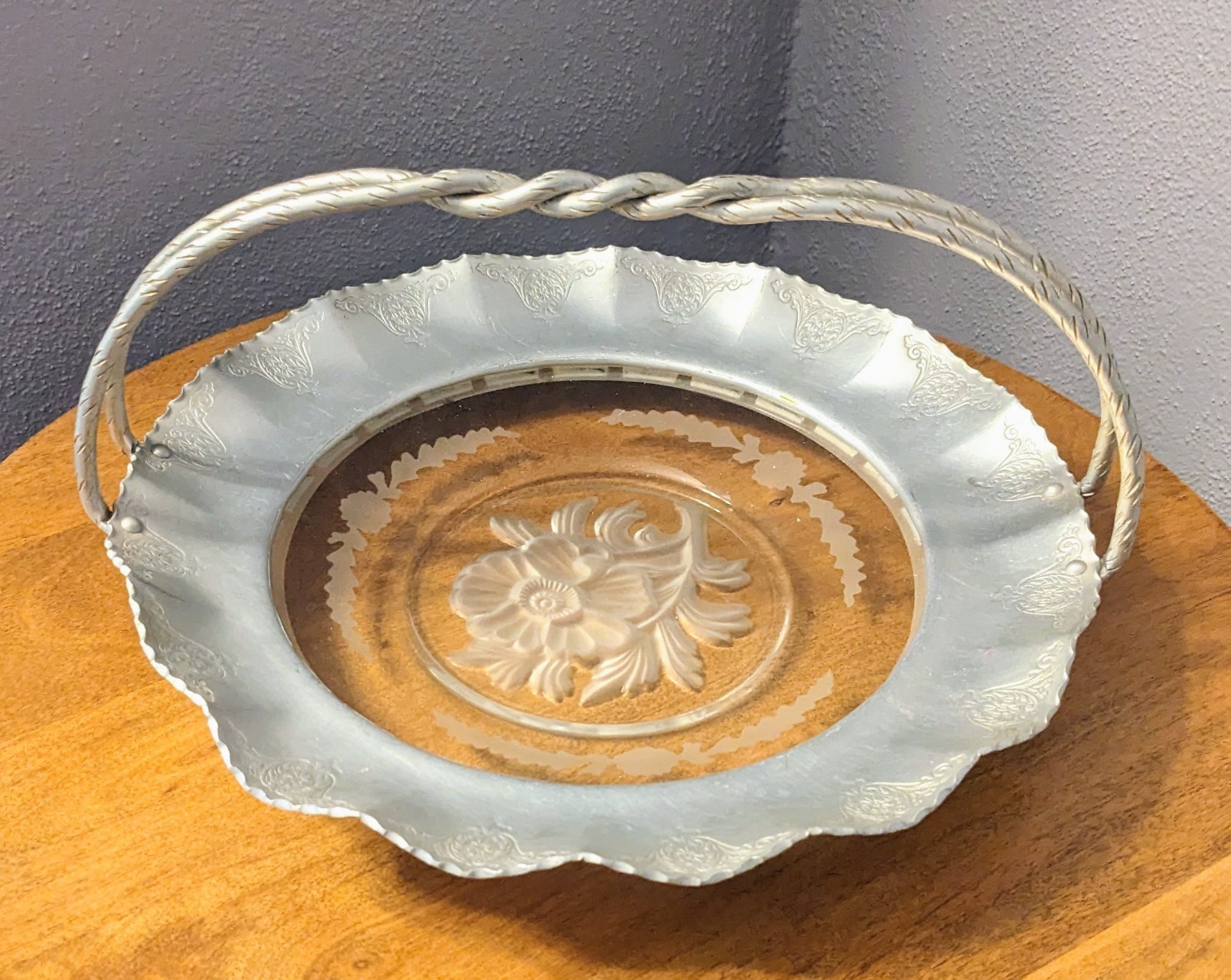 Vintage Farber and Shlevin Wrought Aluminum Basket Floral Glass Inlay Handle
