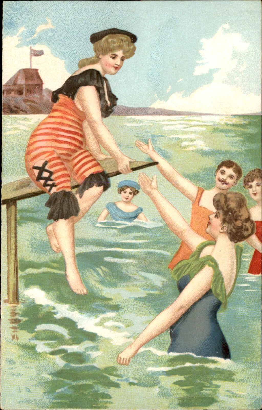 Bathing Beauties Beach Swimming Scene Ser 354 c1910s Vintage Postcard bhn