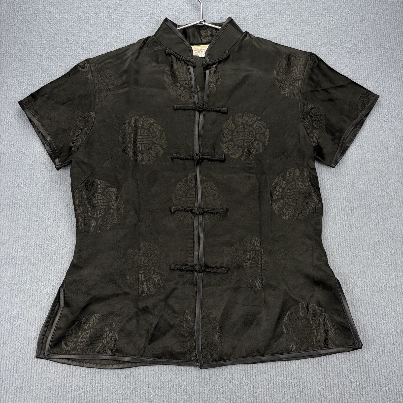 Vintage Golden Dragon Black 100% Silk Satin Kimono Style Frog Button Shirt Y2K L