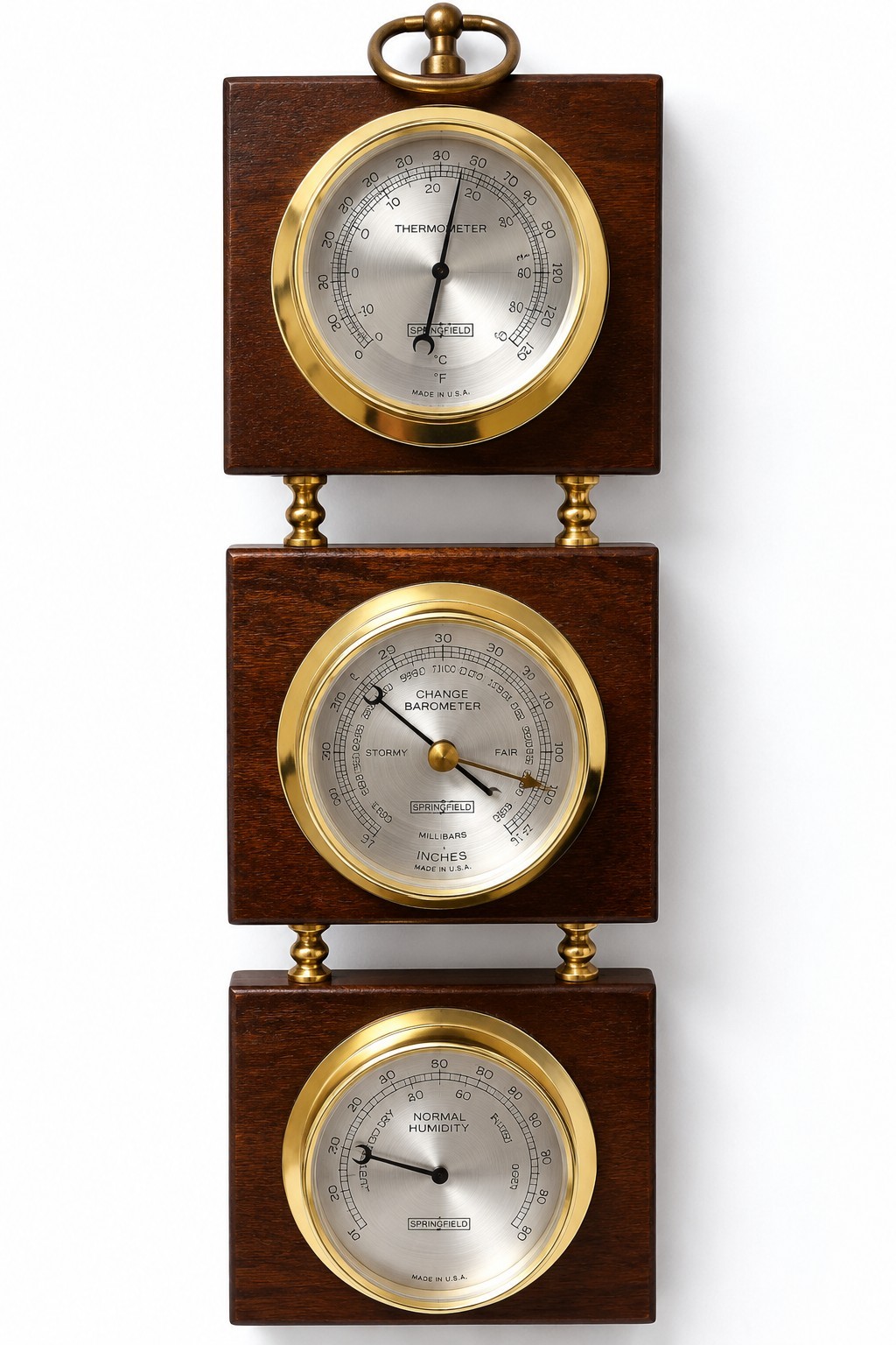 Springfield 3 Dial Weather Station Barometer Thermometer Hygrometer USA Vintage
