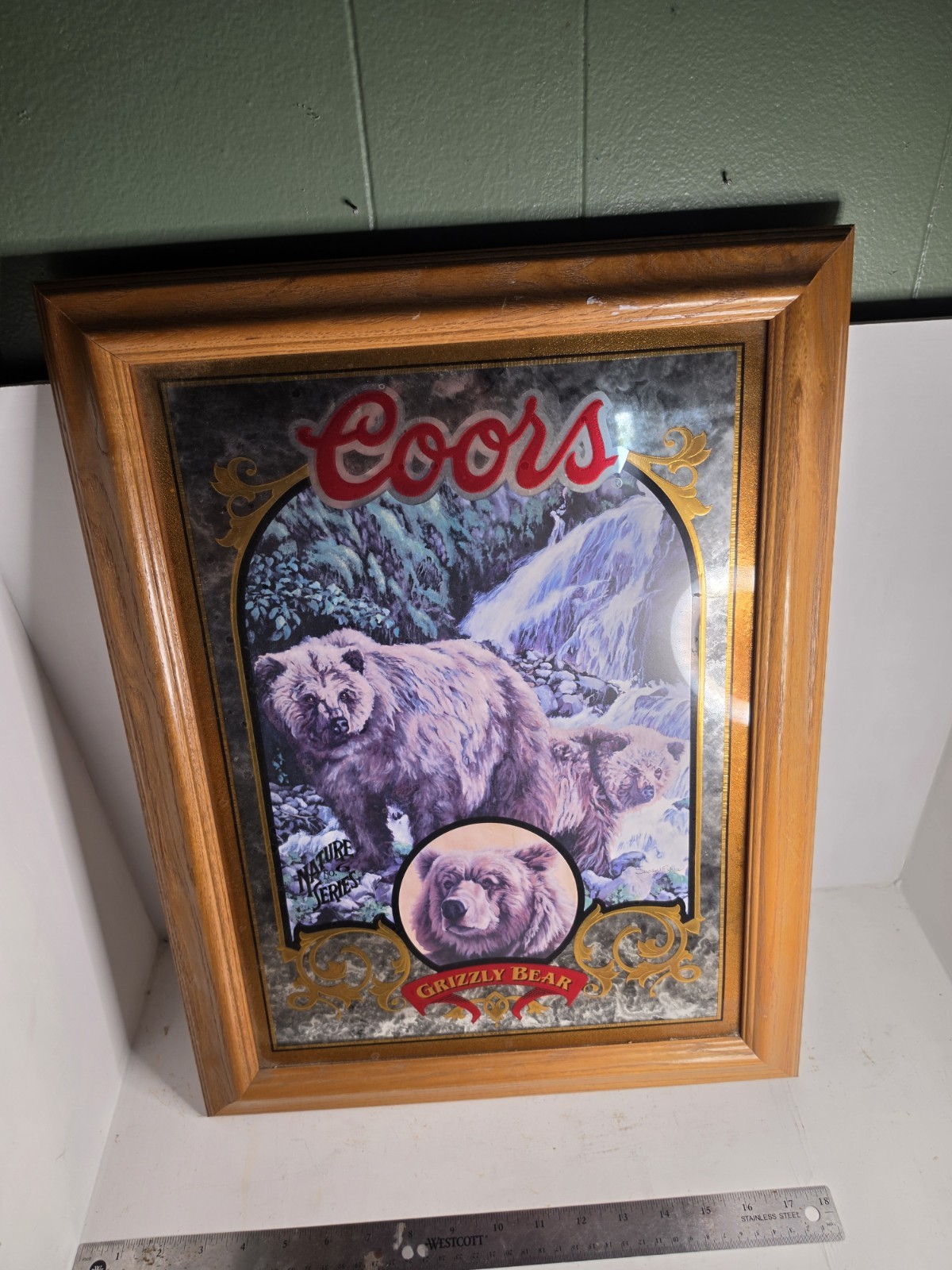 VTG 1995 Coors Nature Series No 6 Grizzly Bear Bar Mirror Sign Susan Shea 21x16
