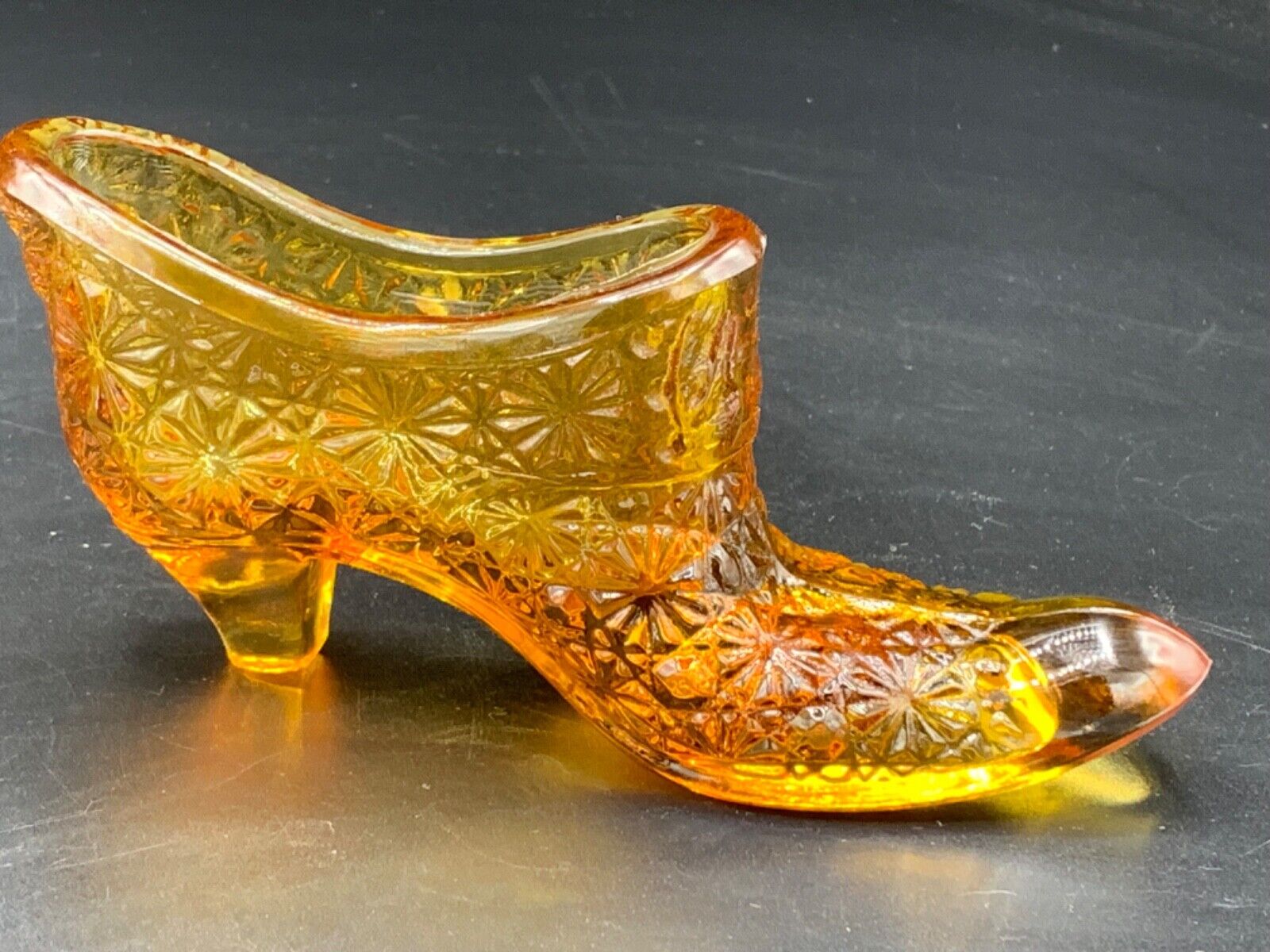 Vintage Fenton Glass Shoe, amber color daisy & button, small vase