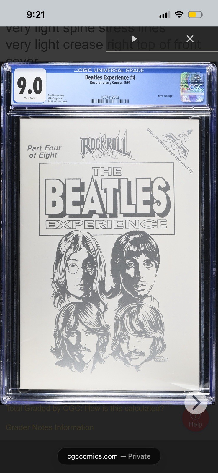 BEATLES Experience Rare Comic FOIL 1991 Nostalgia Vintage ROCK N ROLL CGC 9.0