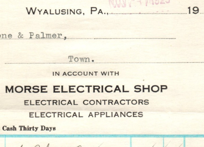 1930 WYALUSING PA MORSE ELECTRICAL SHOP APPLIANCES INVOICE BILLHEAD Z7761