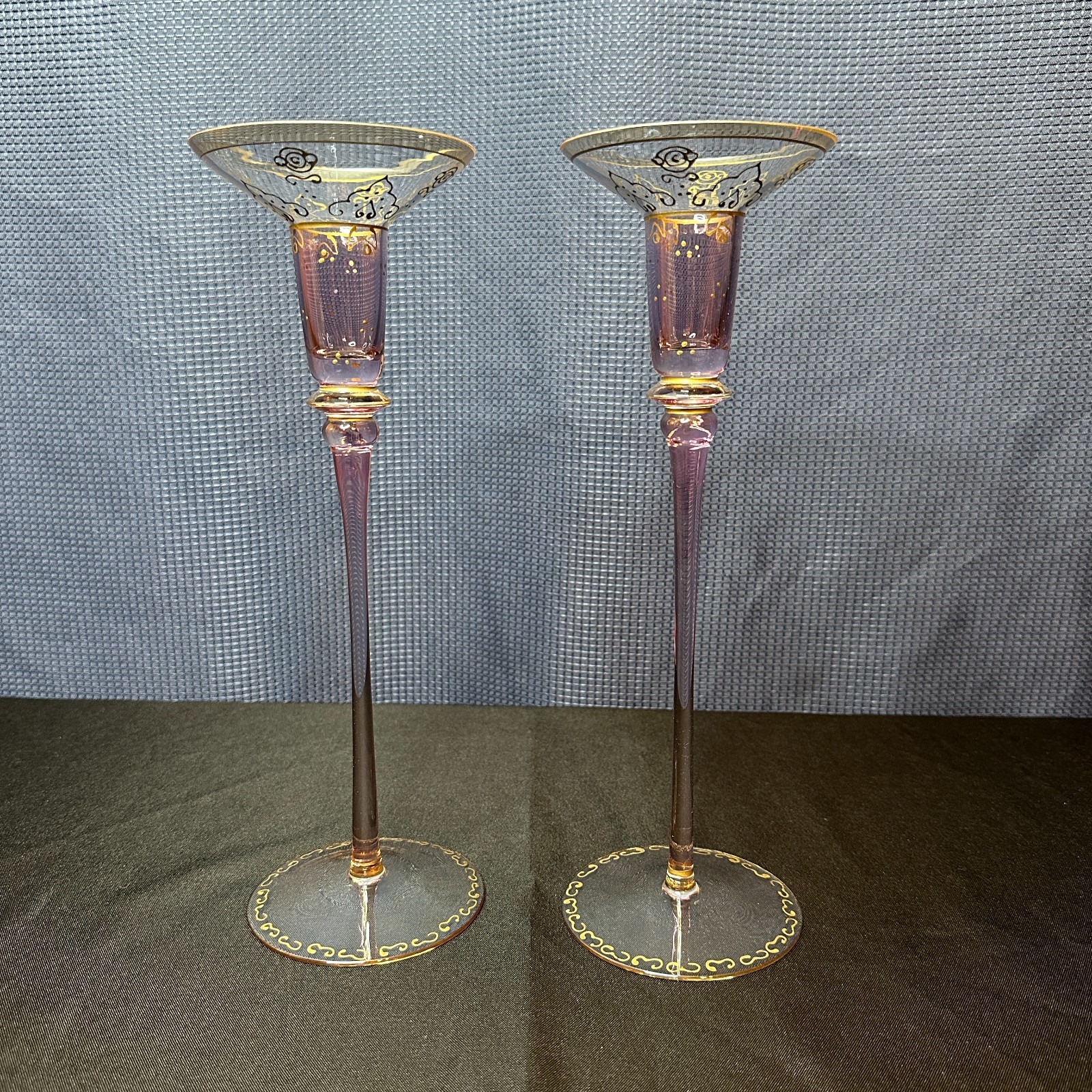 VTG Pier One Raja Taper Glass Pair Candleholders, Hand Painted, Amethyst/Gold VTG Pier One Raja Taper Glass Pair Candleholders, Hand Painted, Amethyst/Gold
