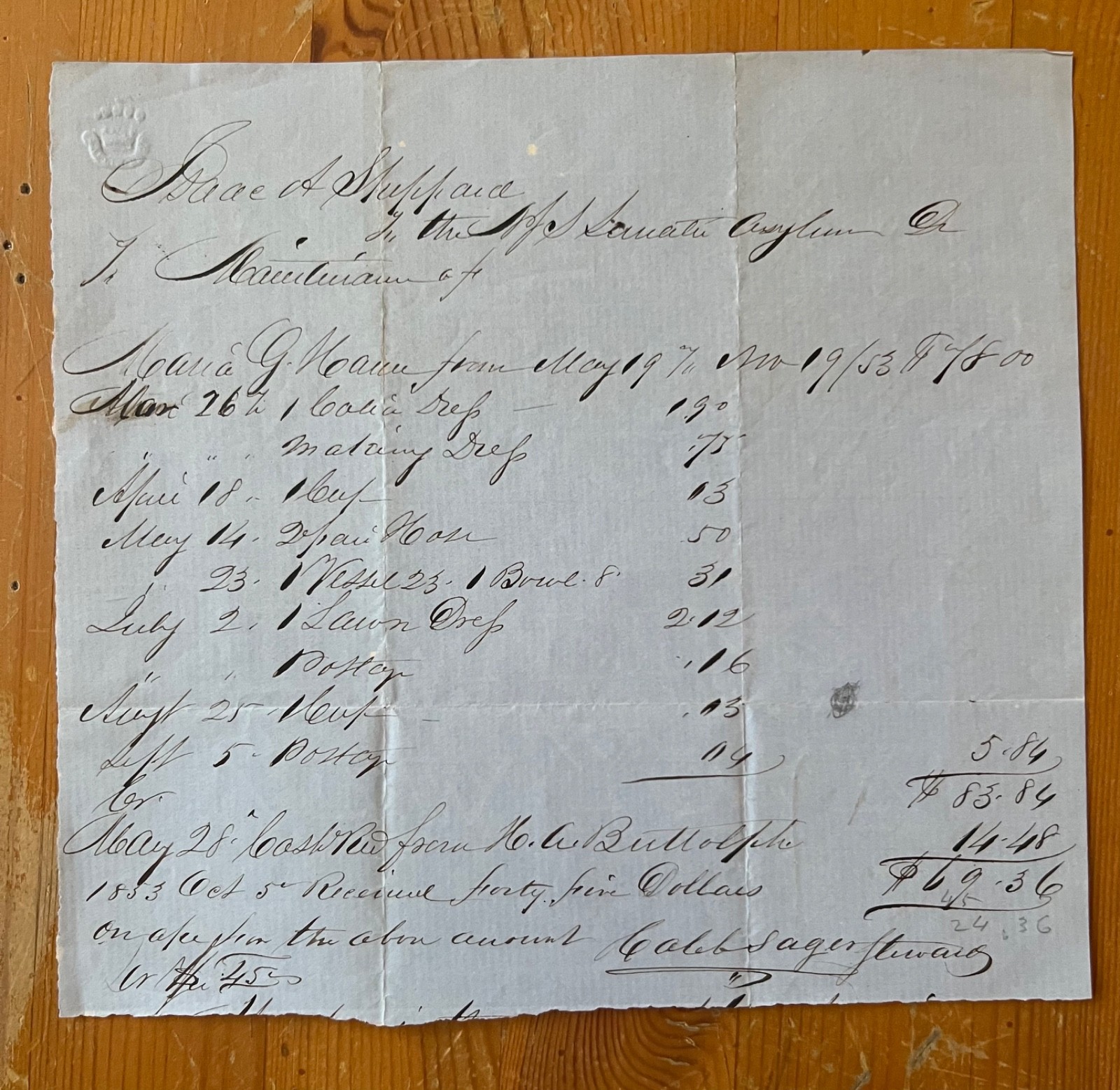 1853 NJ State Lunatic Asylum Trenton Handwritten Bill Receipt Dr. H.A. Buttolph
