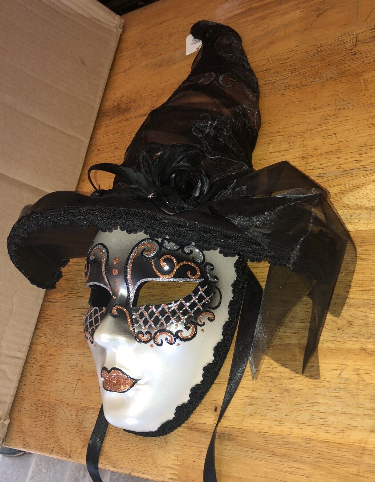 La Maschera Del Galeone Hand Painted Venetian Mask Italy Witch W / Hat 20” CUTE