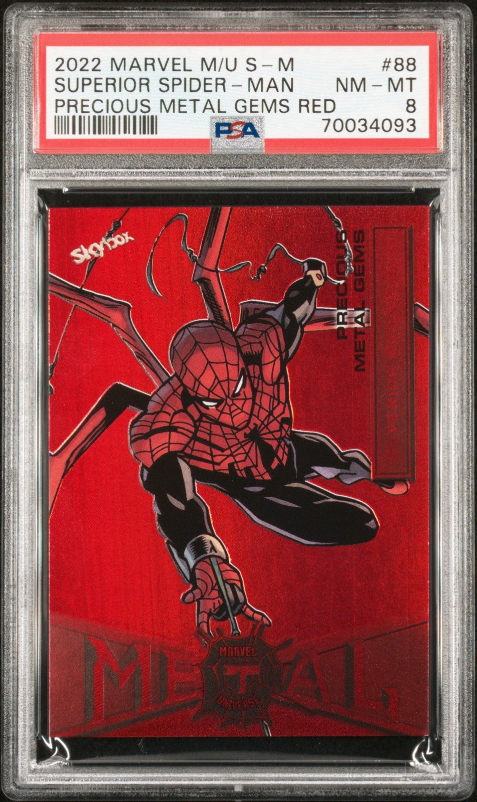 SkyBox 2022 Marvel Metal Universe Spider-Man #88 PMG Red /100 PSA 8