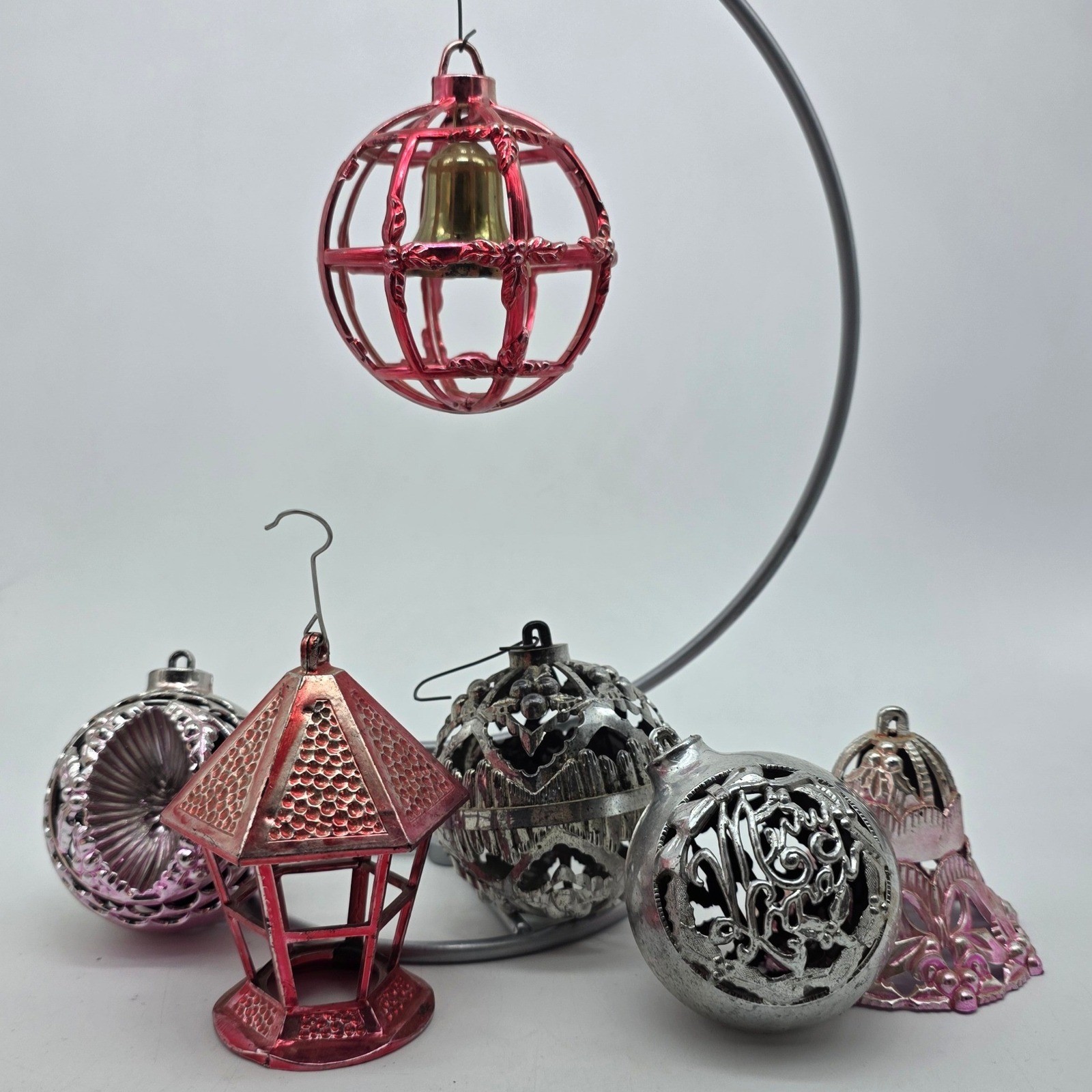 Vintage Bradford Novelty Plastic Christmas Ornaments MCM Pink Silver Red 6pc