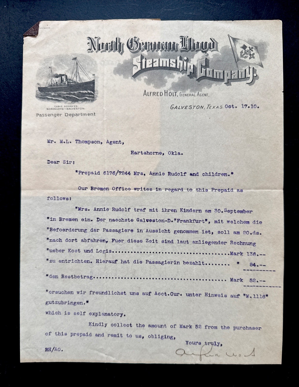 1910 North German Lloyd Galveston TX Letter Frankfort  Bremen Immigrant Ephemera