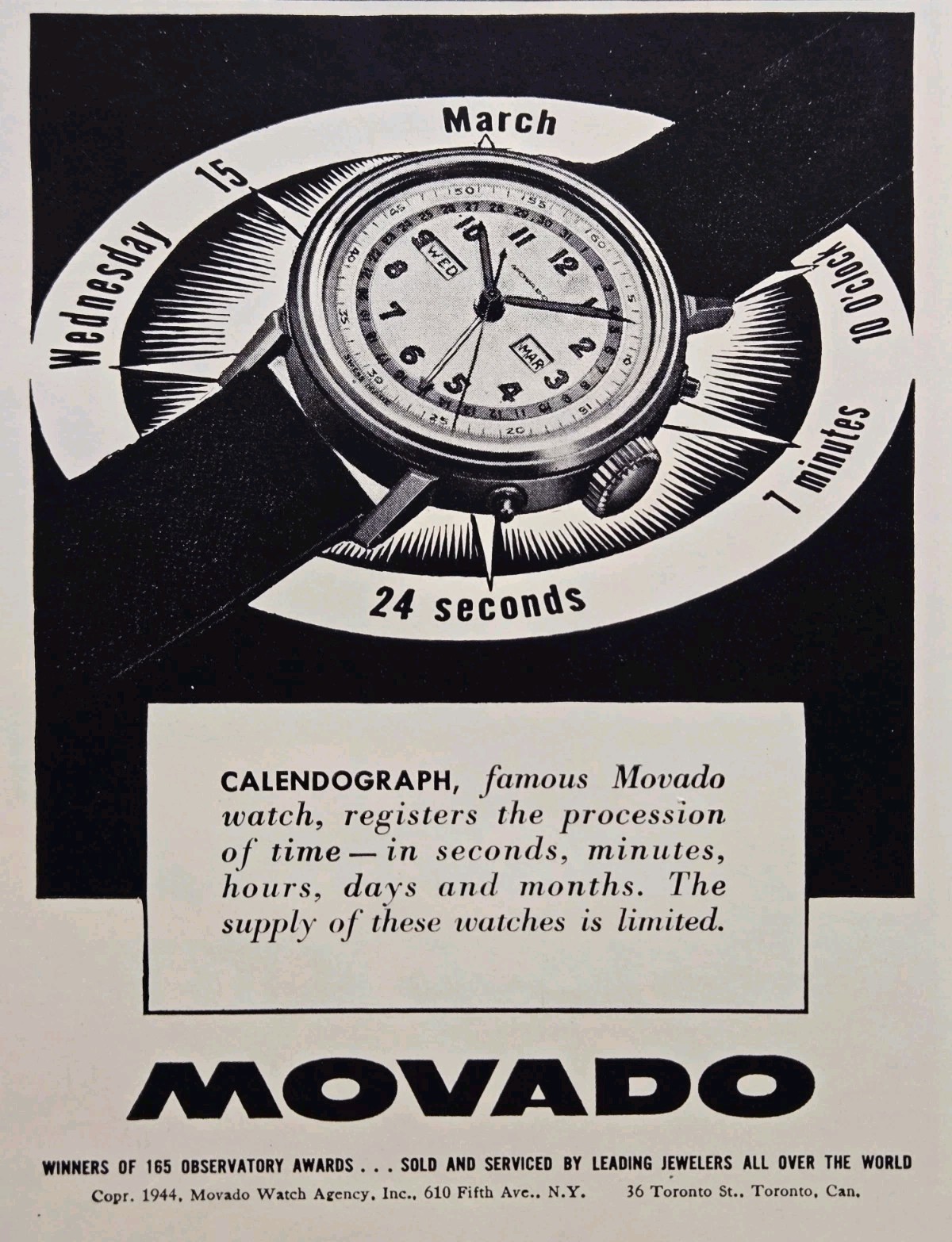 1944 Movado Calendograph Watch Print Ad - WWII Supply is Limited Fifth Avenue NY