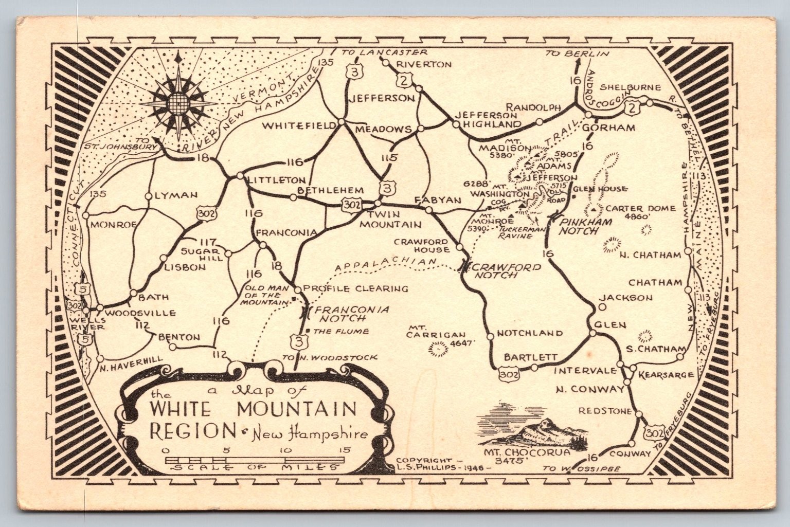 Vintage 1946 White Mountain Region New Hampshire Map Postcard