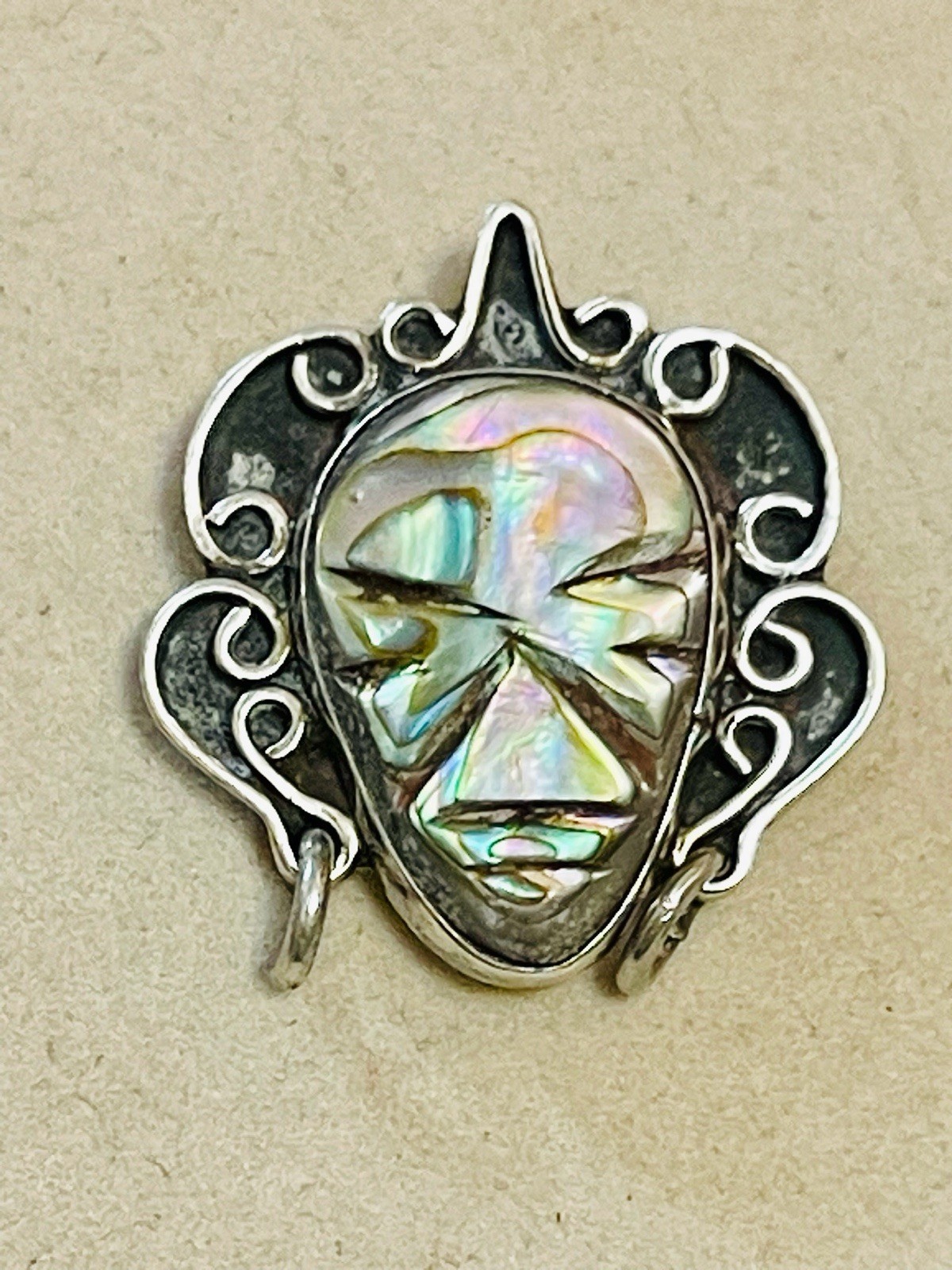 VTG DANNY\'S Taxco Mexico Sterling Silver Abalone Carved Head Pin Brooch Pendant
