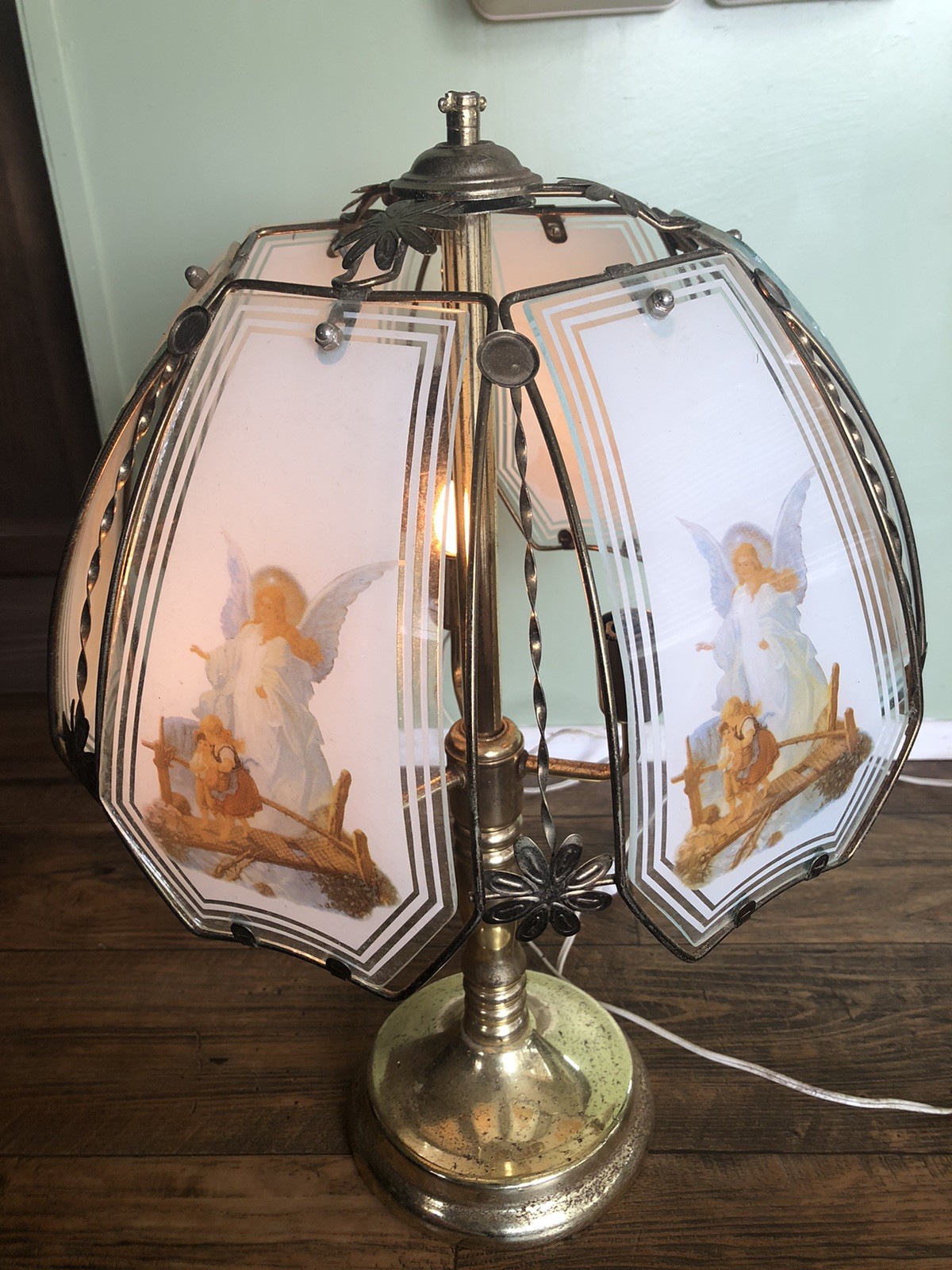 Vintage OK lighting Guardian Angel Glass Panel Side Table Lamp, Gold Tone