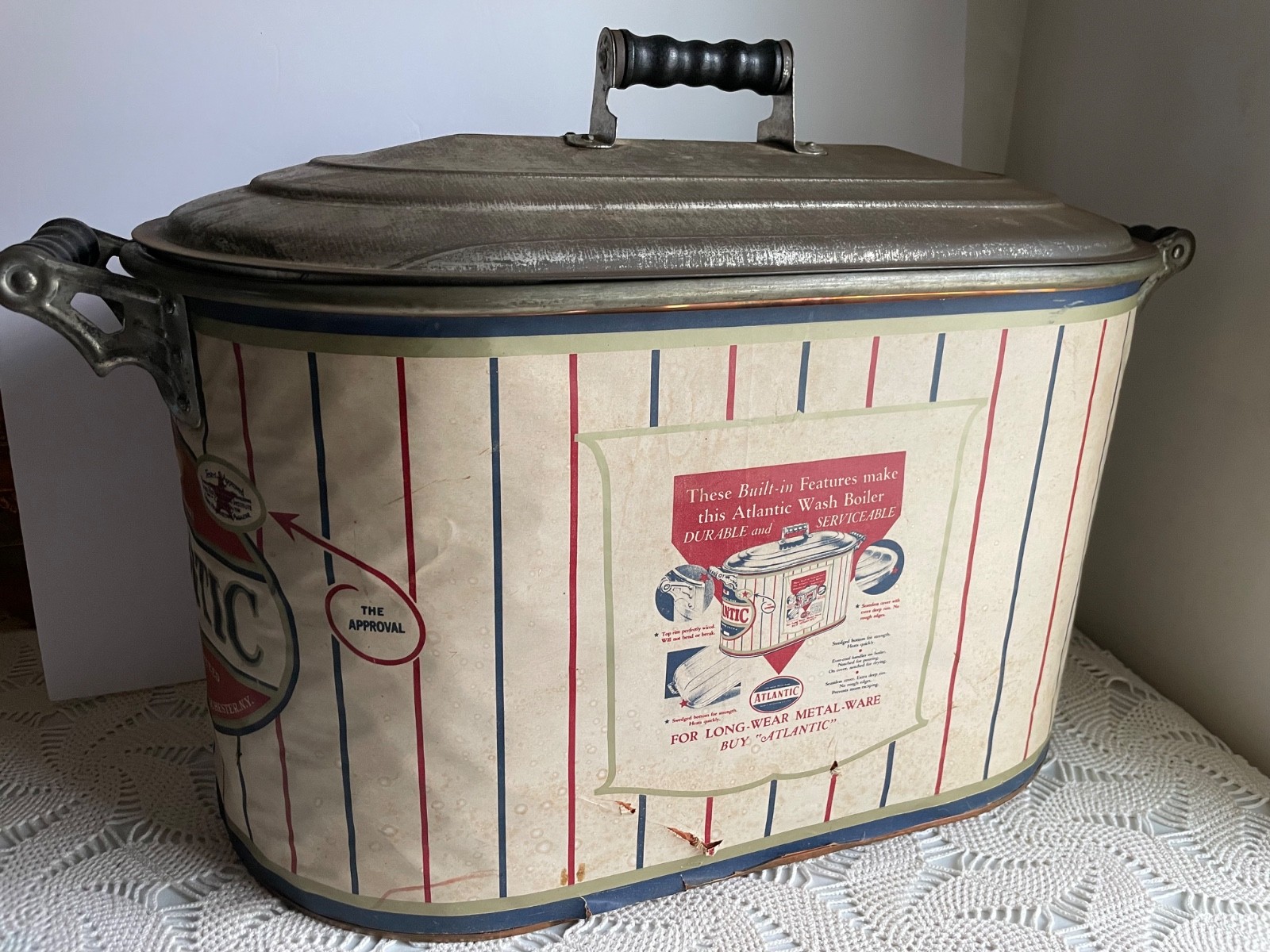 NOS Vtg Atlantic Copper 15 Gallon Boiler Wash Tub Lid Wood Handles Farmhouse MCM