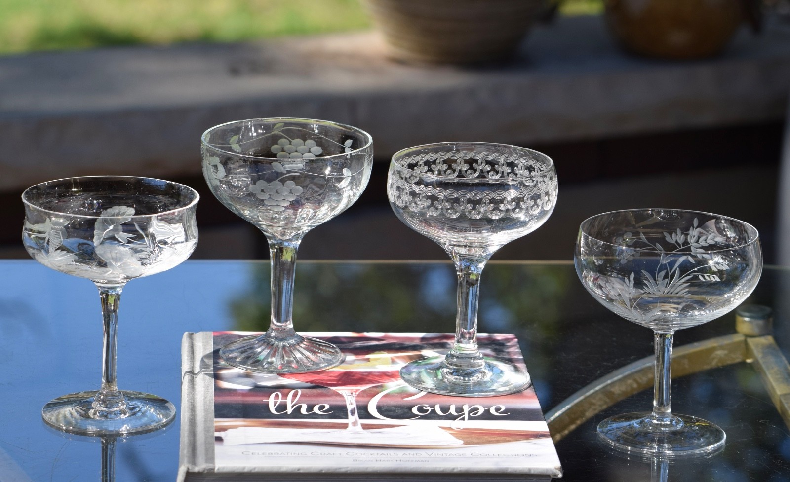 4 Vintage Etched Cocktail Glasses - Coupes, Mixed Set of 4 Glasses, 1920's, 4 Vintage Etched Cocktail Glasses - Coupes, Mixed Set of 4 Glasses, 1920's,