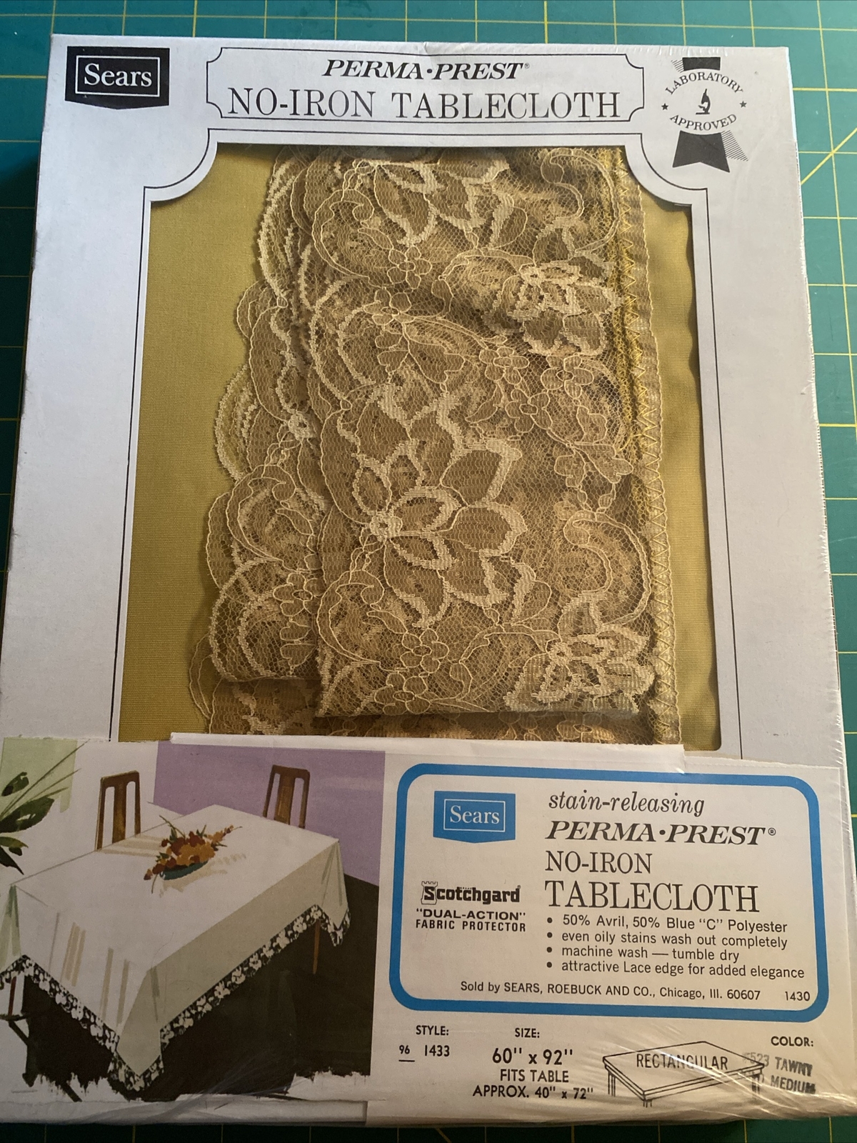 NOS MID CENTURY Sears Perma-Prest No Iron Tablecloth #523 GOLD Lace Edge 60X72 NOS MID CENTURY Sears Perma-Prest No Iron Tablecloth #523 GOLD Lace Edge 60X72
