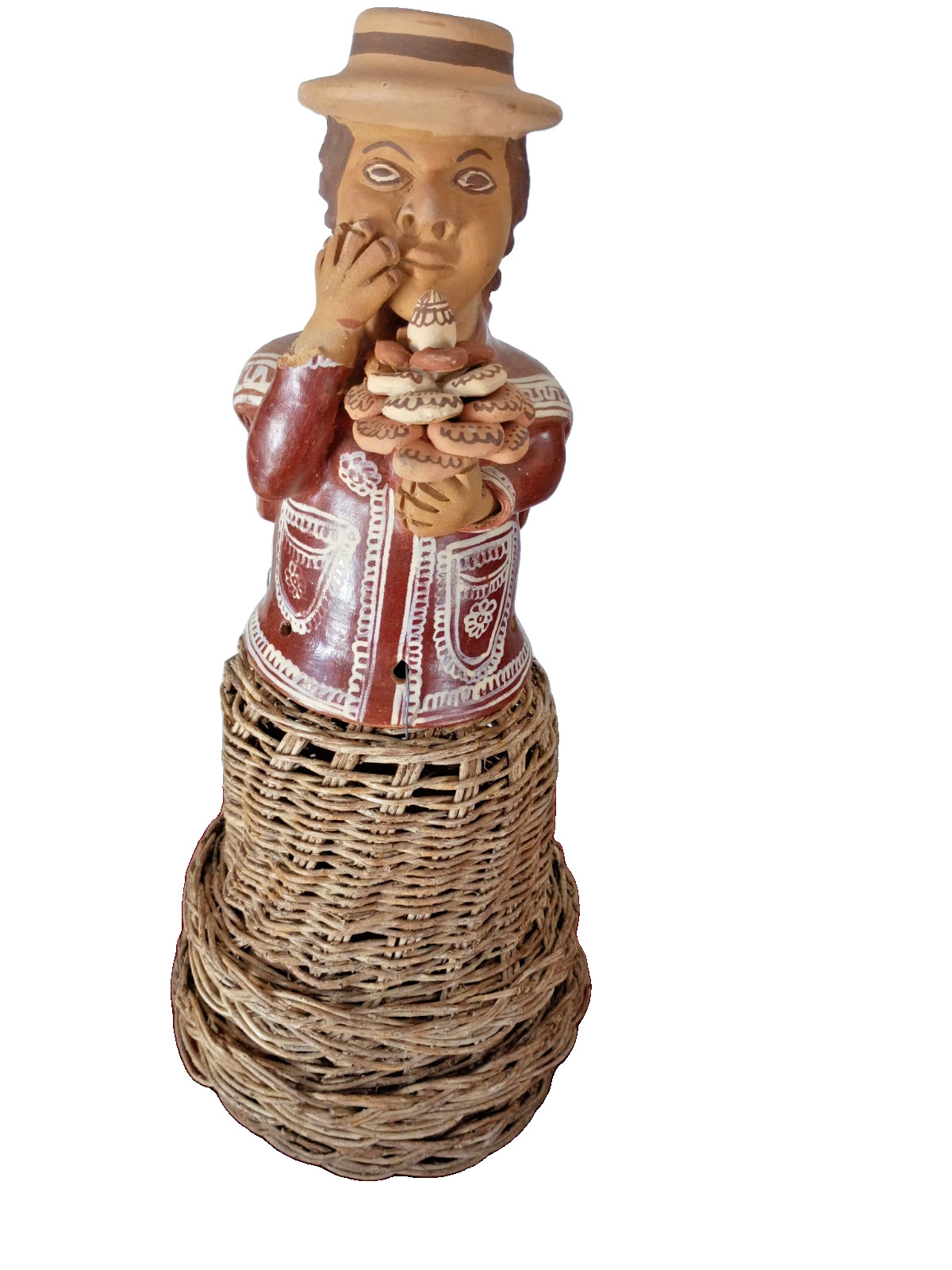 VTG Mexican Folk Art Clay Pottery Woman Figurine Woven Basket Base Doll 13”