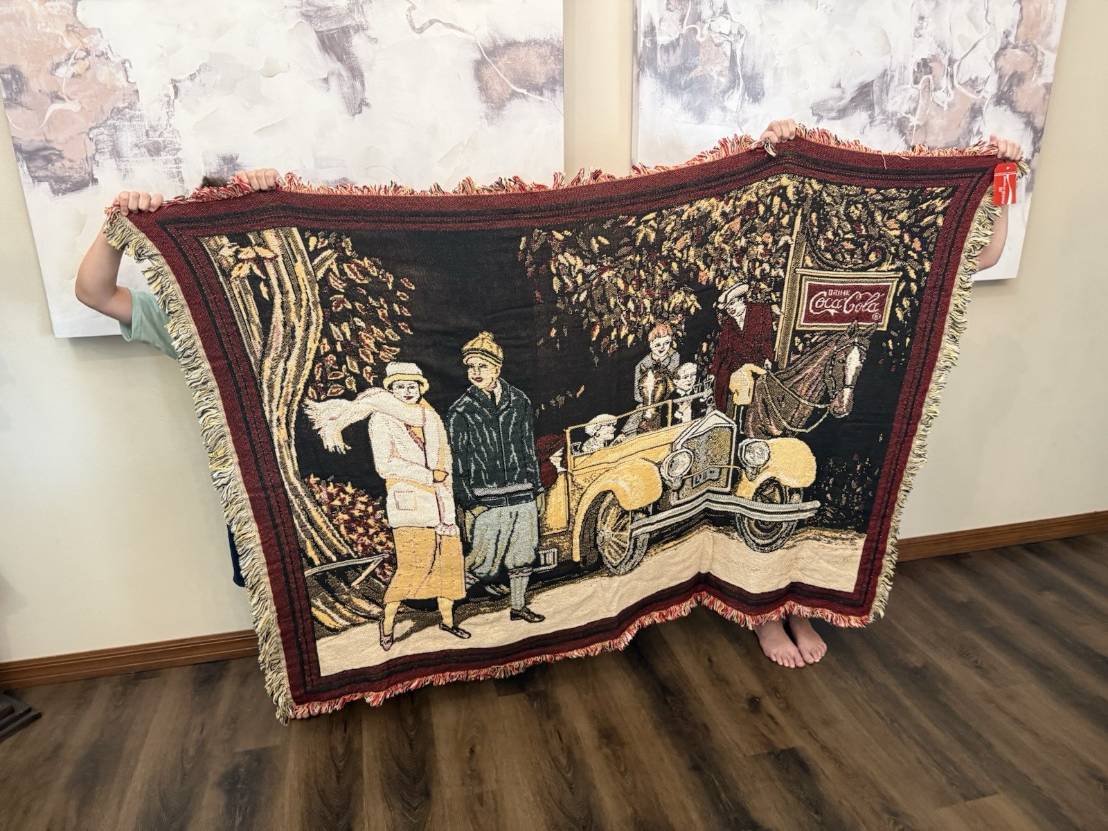 Vintage 1994 Coca-Cola Woven Throw Blanket Coke Advertising Tag 74” X 54@ Huge