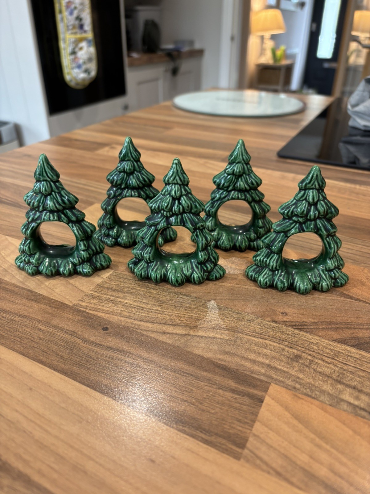 Vintage 1992 Ceramic Christmas Tree Napkin Rings, Set of 5 - Signed PR 92 