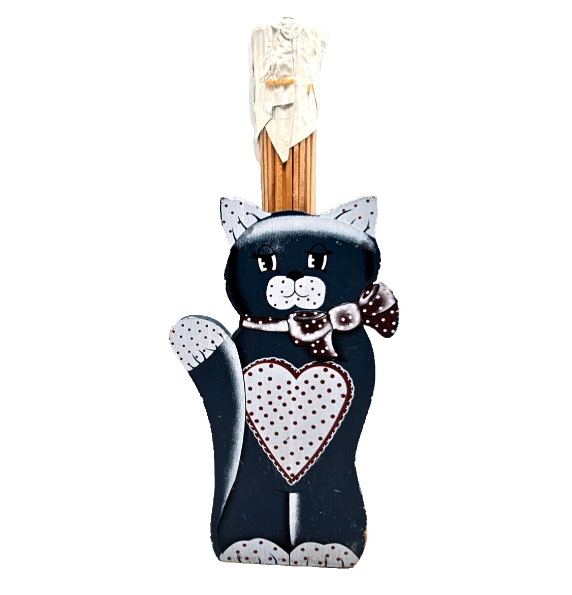 Vtg Rustic Wooden Blue Cat Matchstick Holder Heart Dots Kitty Fireplace Cottage