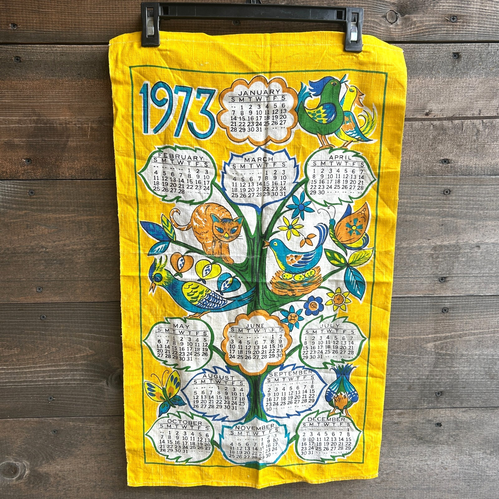 Vintage 1973 Linen Calendar Yellow Retro Critters 70s Cat Birds Butterfly MCM