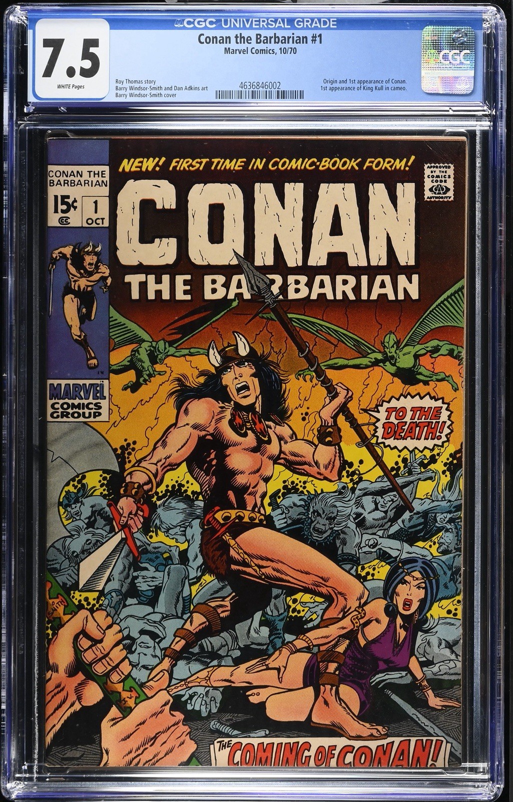 Conan The Barbarian #1 - CGC 7.5 WHITE PAGES 🔑 1st Appearance of Conan Marvel