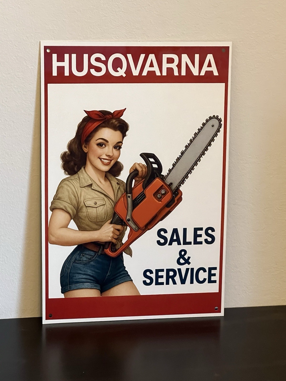 Husqvarna Chain Saw Pinup Girl Sales Service  Vintage Style Metal Sign