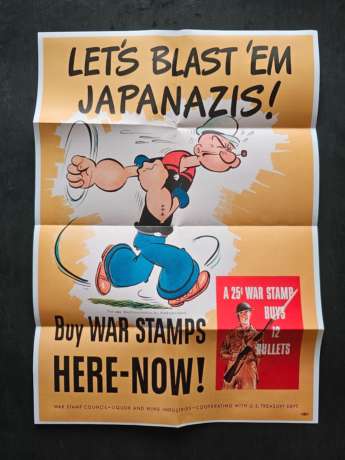 1941 WW2 USA AMERICA POPEYE CARTOON ANTI JAPANESE WAR STAMPS PROPAGANDA POSTER