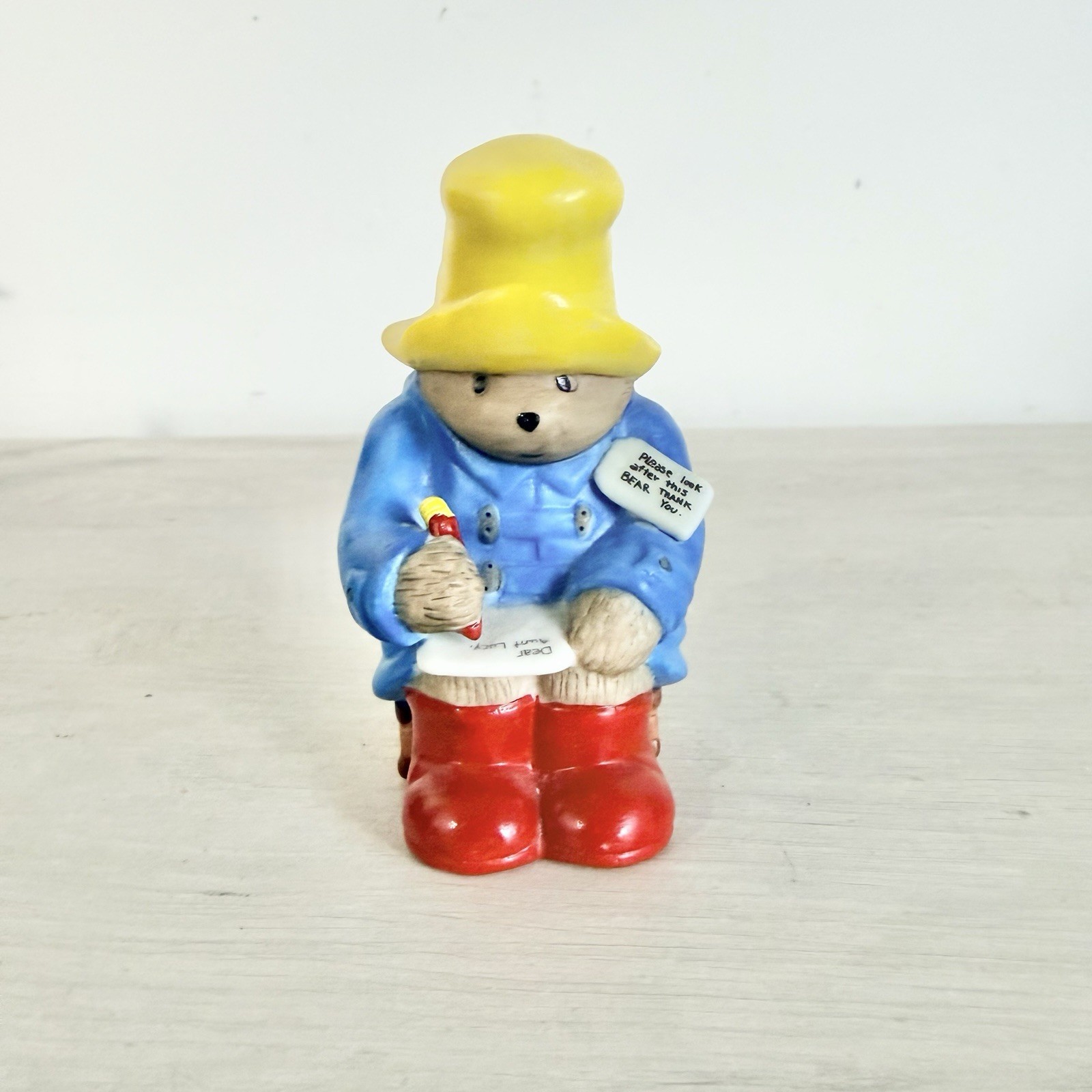 1990 Eden Toys Enesco Paddington Bear Porcelain Figurine Yellow Hat Blue Coat