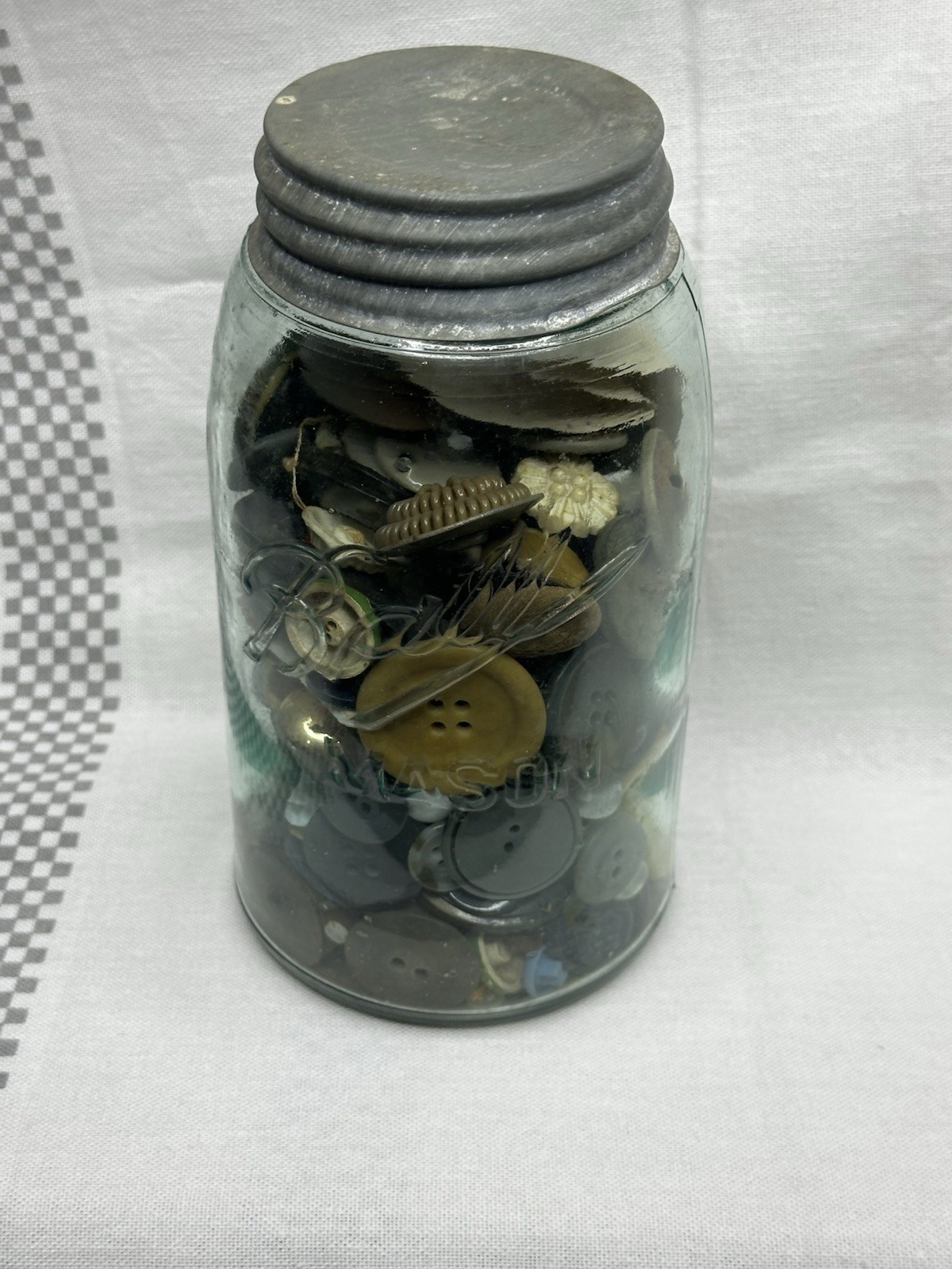 VTG 3-L Aqua Blue Glass Ball Mason Jar W/ Zink Lid Full of Vtg Misc Buttons