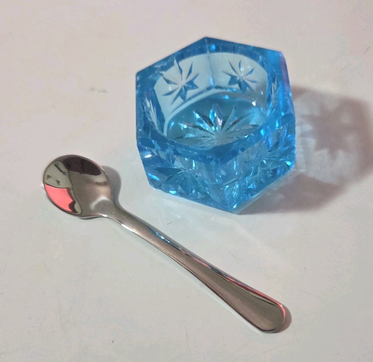 Vintage Mosser Blue Hexagon Starbust ~ Open Salt Cellar & Salt Spoon~SALE 
