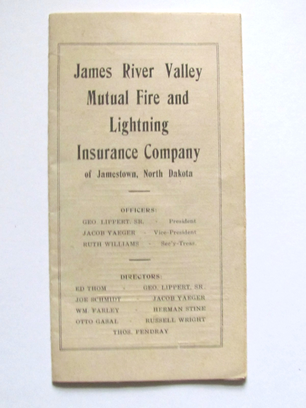 1923 JAMES RIVER VALLEY MUTUAL FIRE AND LIGHTNING INSURANCE JAMESTOWN N.D. INFO