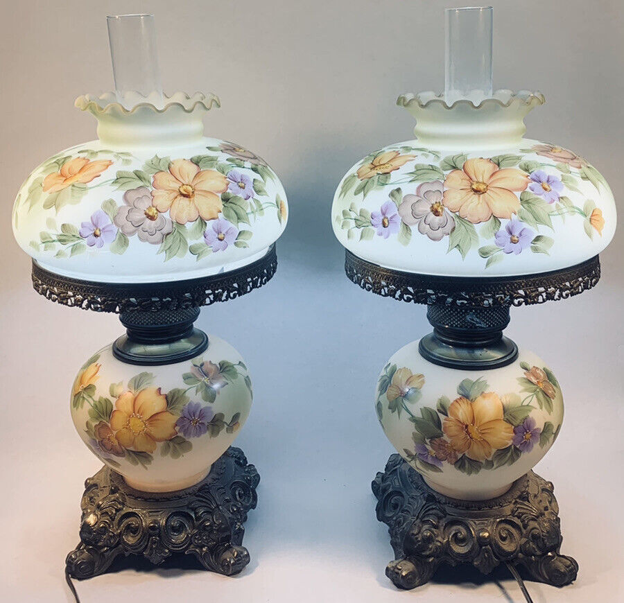 2 Vintage GWTW Hurricane 3-Way Parlor Table Lamps Floral Roses 23” Tall -Sears