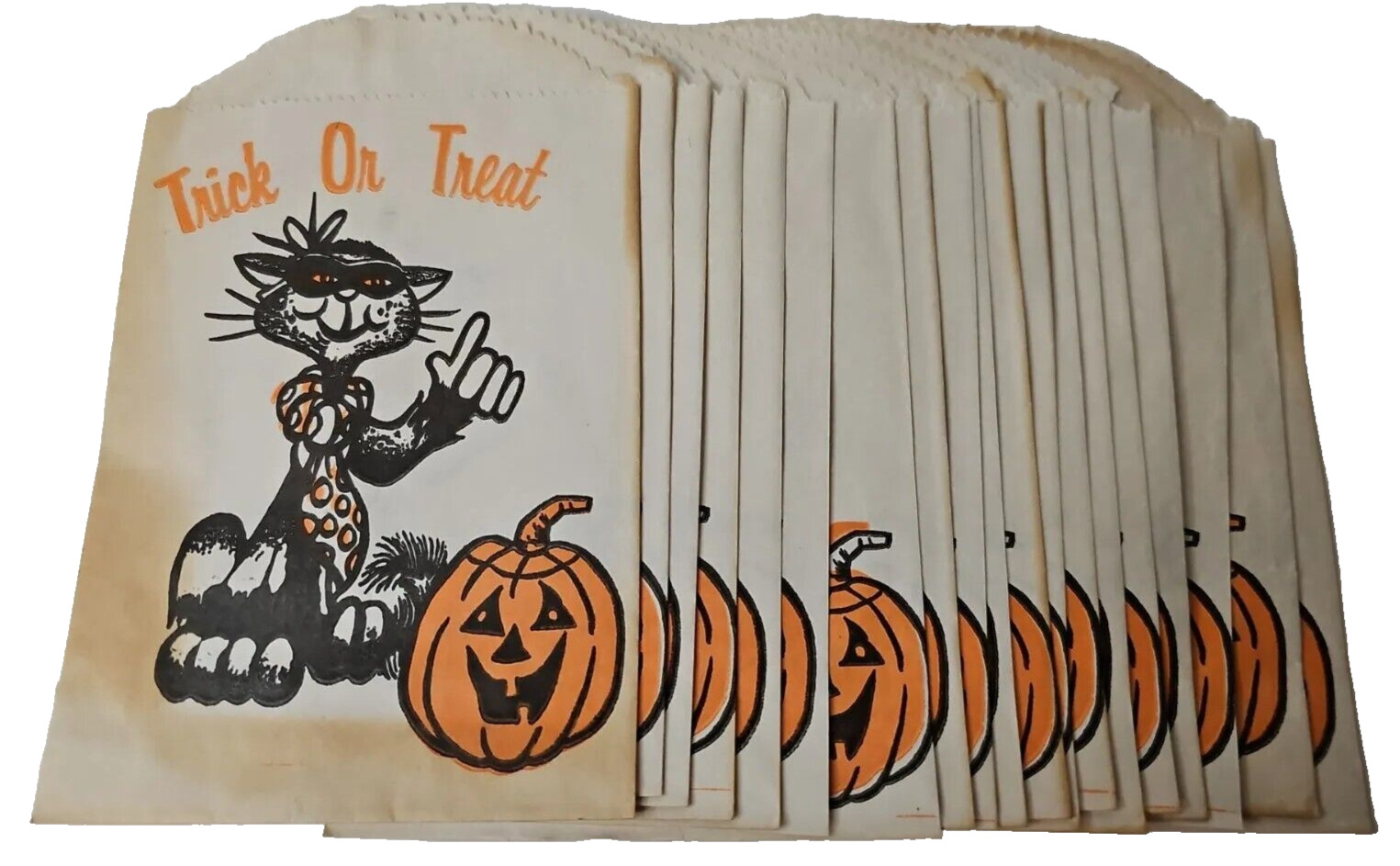 VTG Halloween Candy Bag Jack-o-lantern Pumpkin Black Cat In Costume Paper Sack