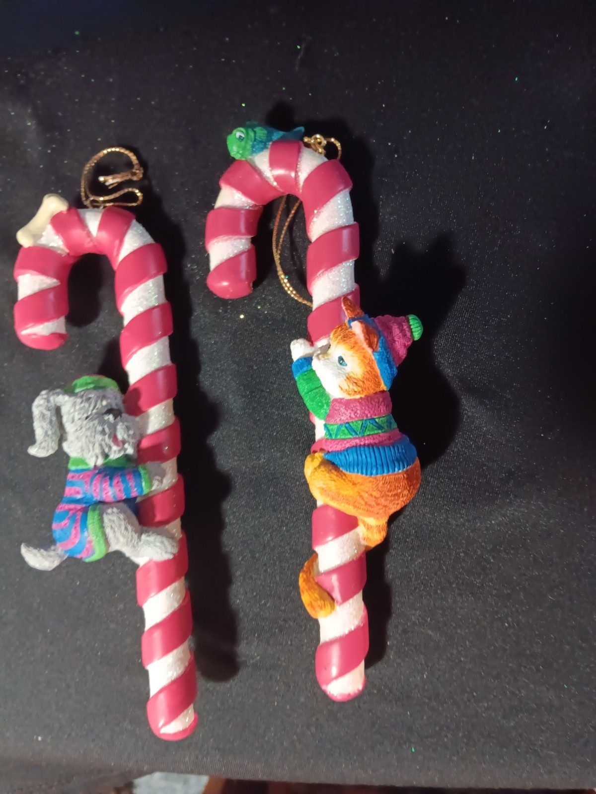 Vintage 1996 Avon Xandy Cane Cat and Dog Christmas Ornaments set of 2