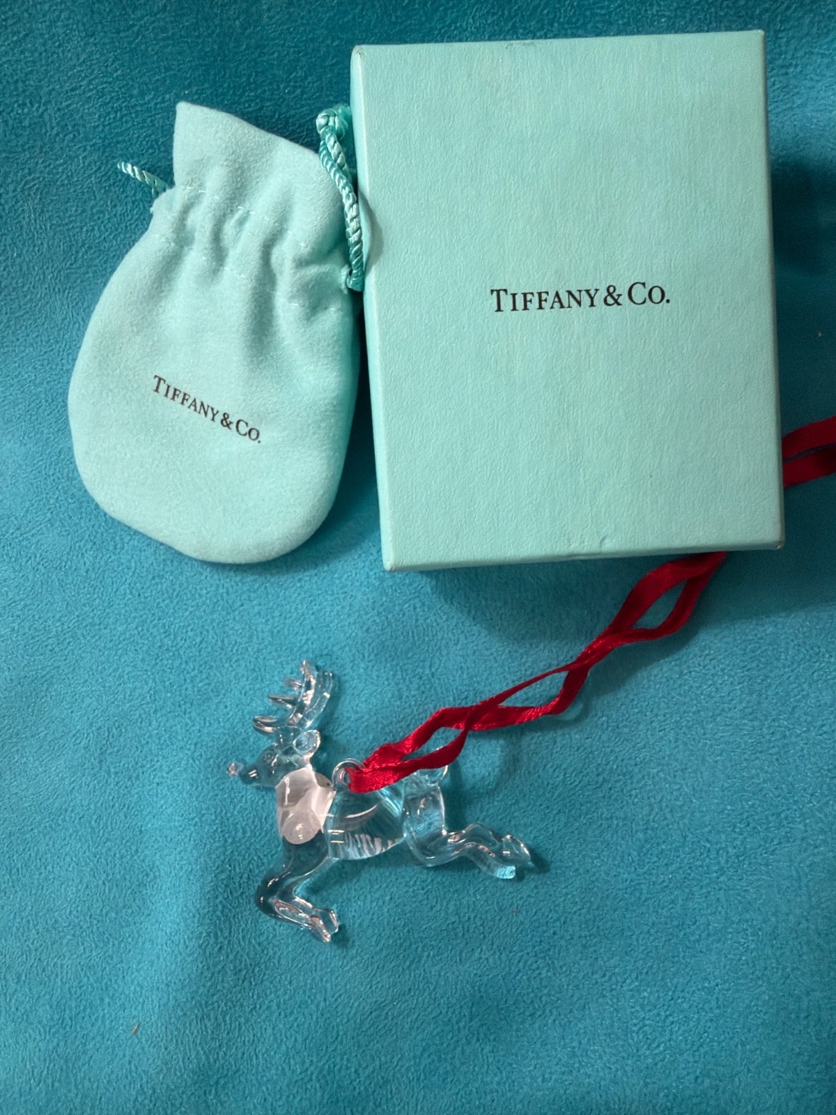 Tiffany & Co Crystal Leaping Reindeer Christmas Ornament Slovenia Box Pouch