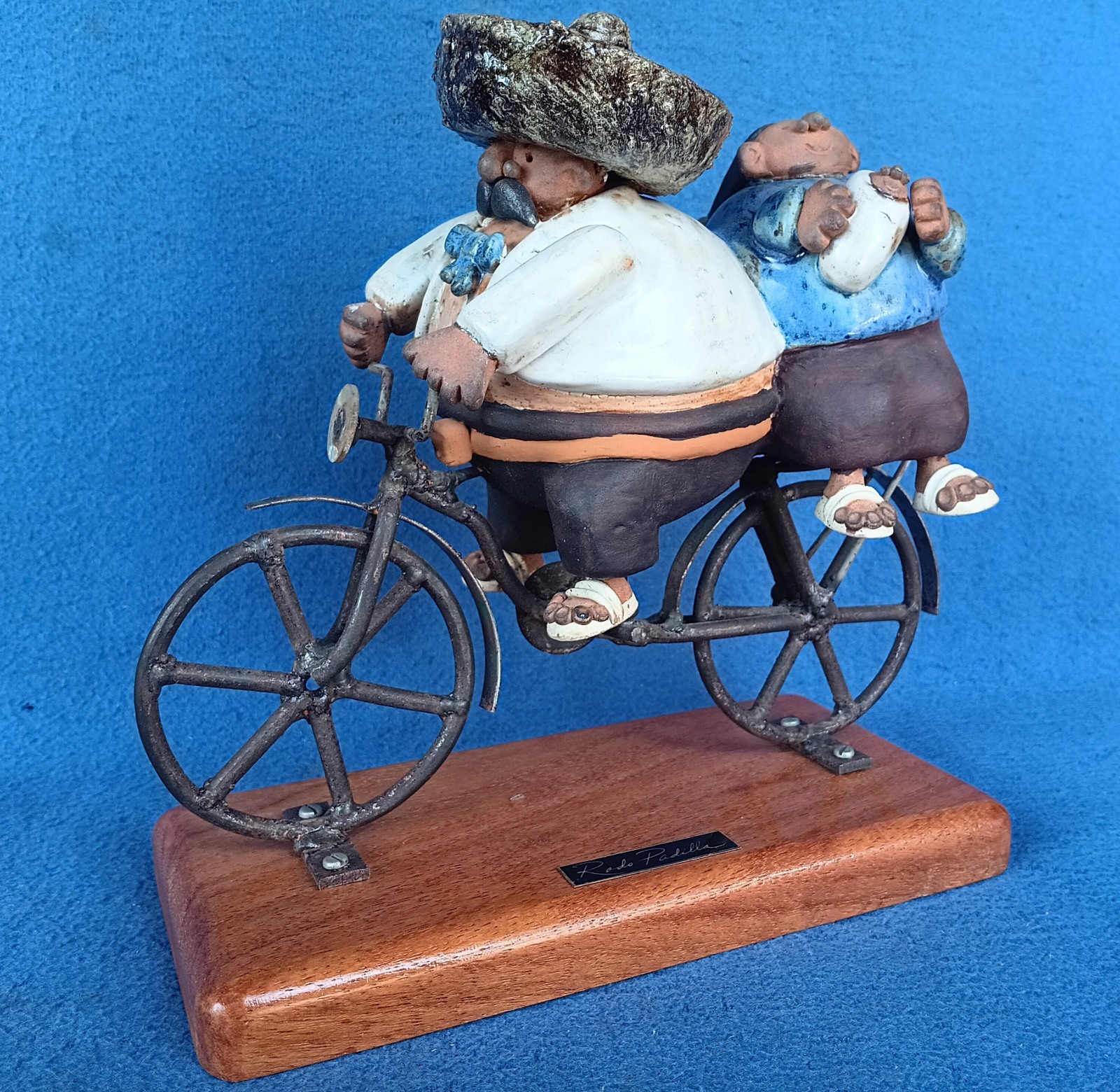 Rodo Padilla Pottery ~ Chubby Couple w/Baby Bike Ride Sculpture Mexican Folk Art