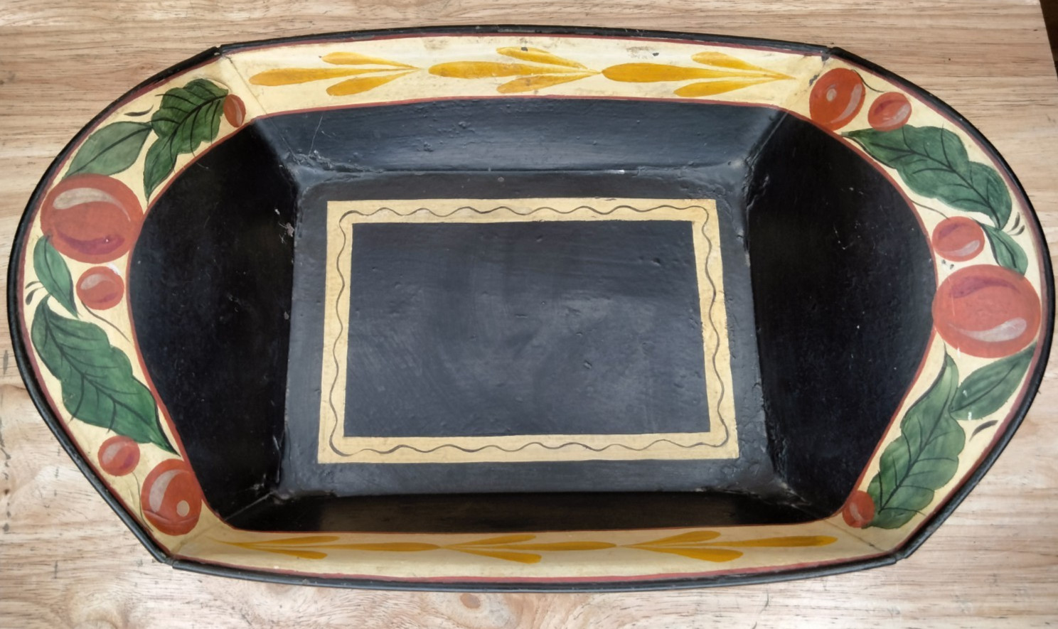 Antique Black Toleware Tray Hand Painted Fruit Vintage Estate Decor
