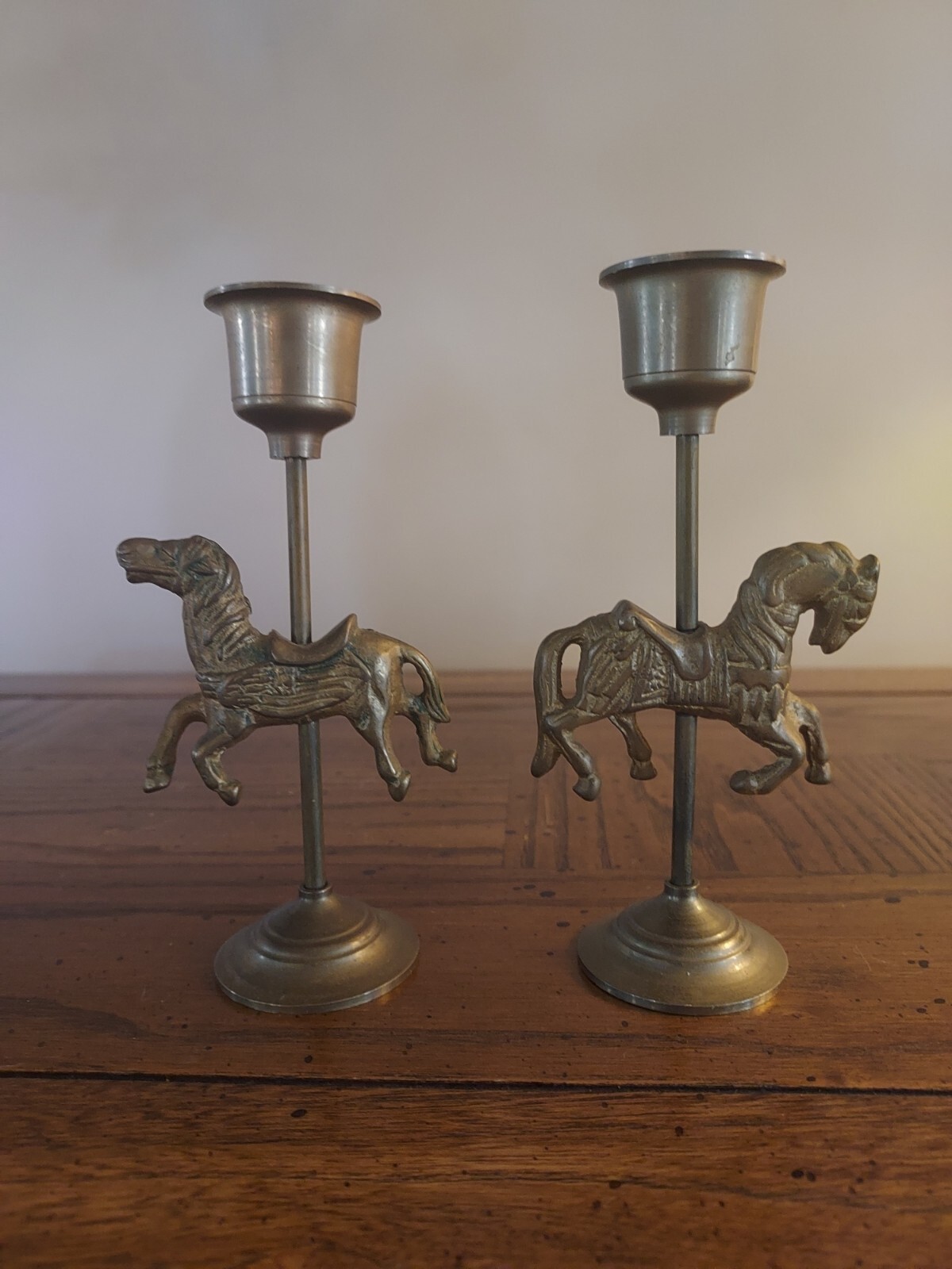 Vintage Solid Brass Carousel Horses  2 Candle Stick Holders 5