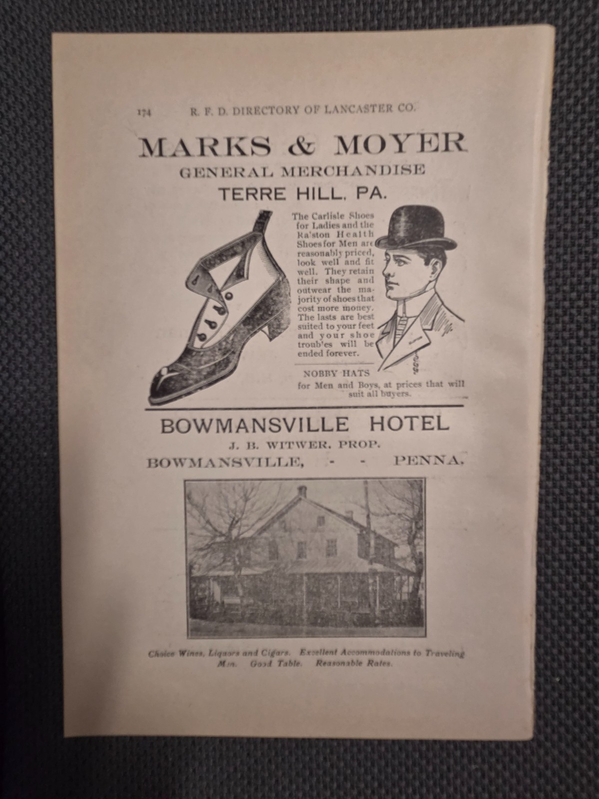1909 LR Graphic Ad Bowmansville PA Hotel WITWER MARKS MOYER Terre Hill Stevens