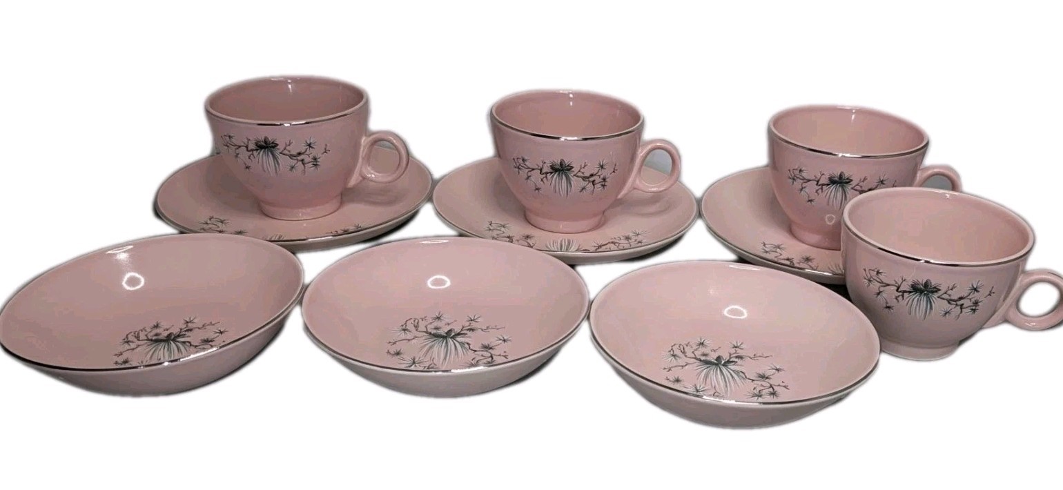 Taylor Smith Taylor Pink Dwarf Pine MCM Atomic Coffee Tea Cup Saucer Bowl 10 Pc 