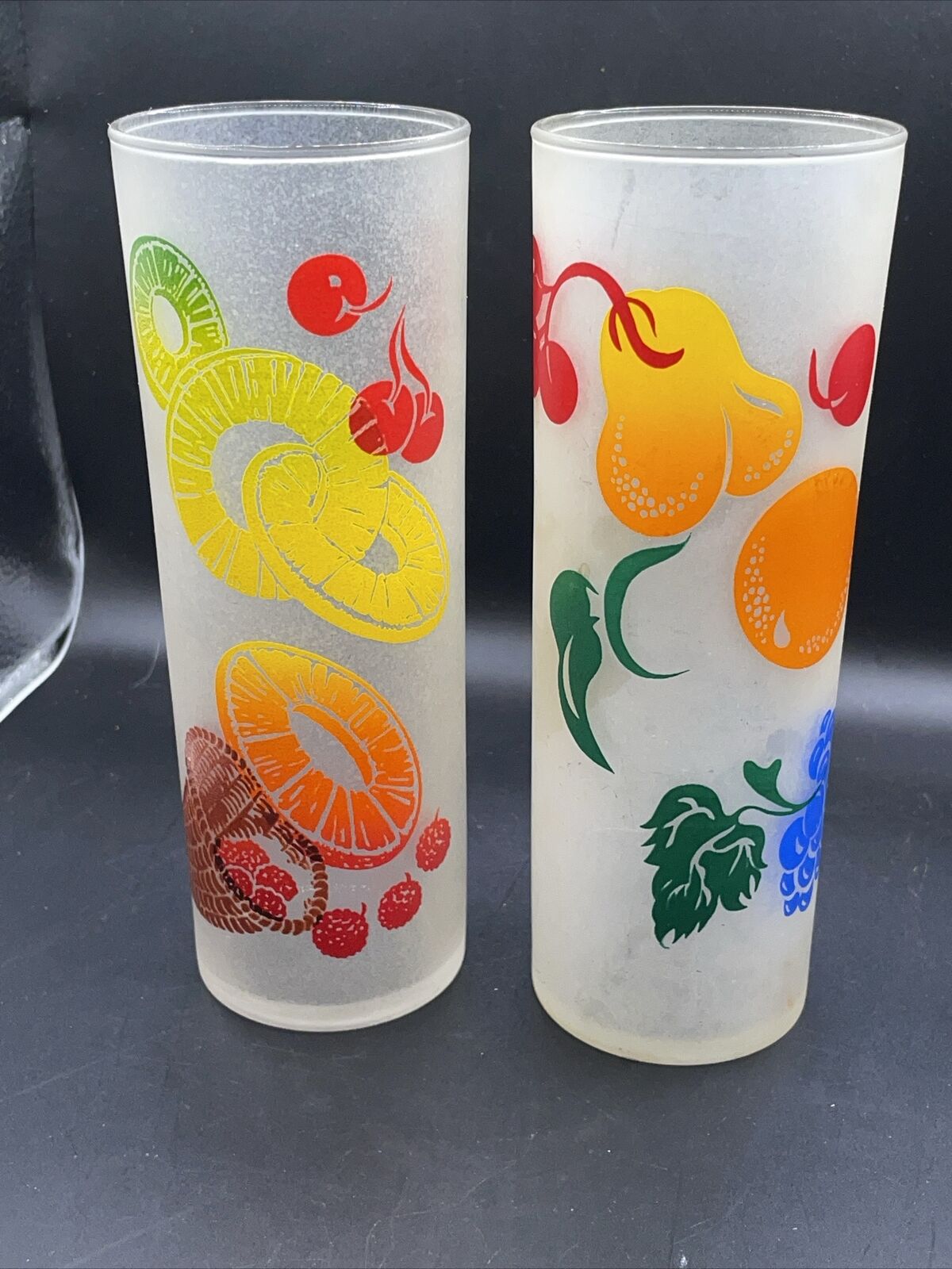 Vintage Federal Glass  Frosted Ice Tea Glasses With Brightly Colored Fruit 