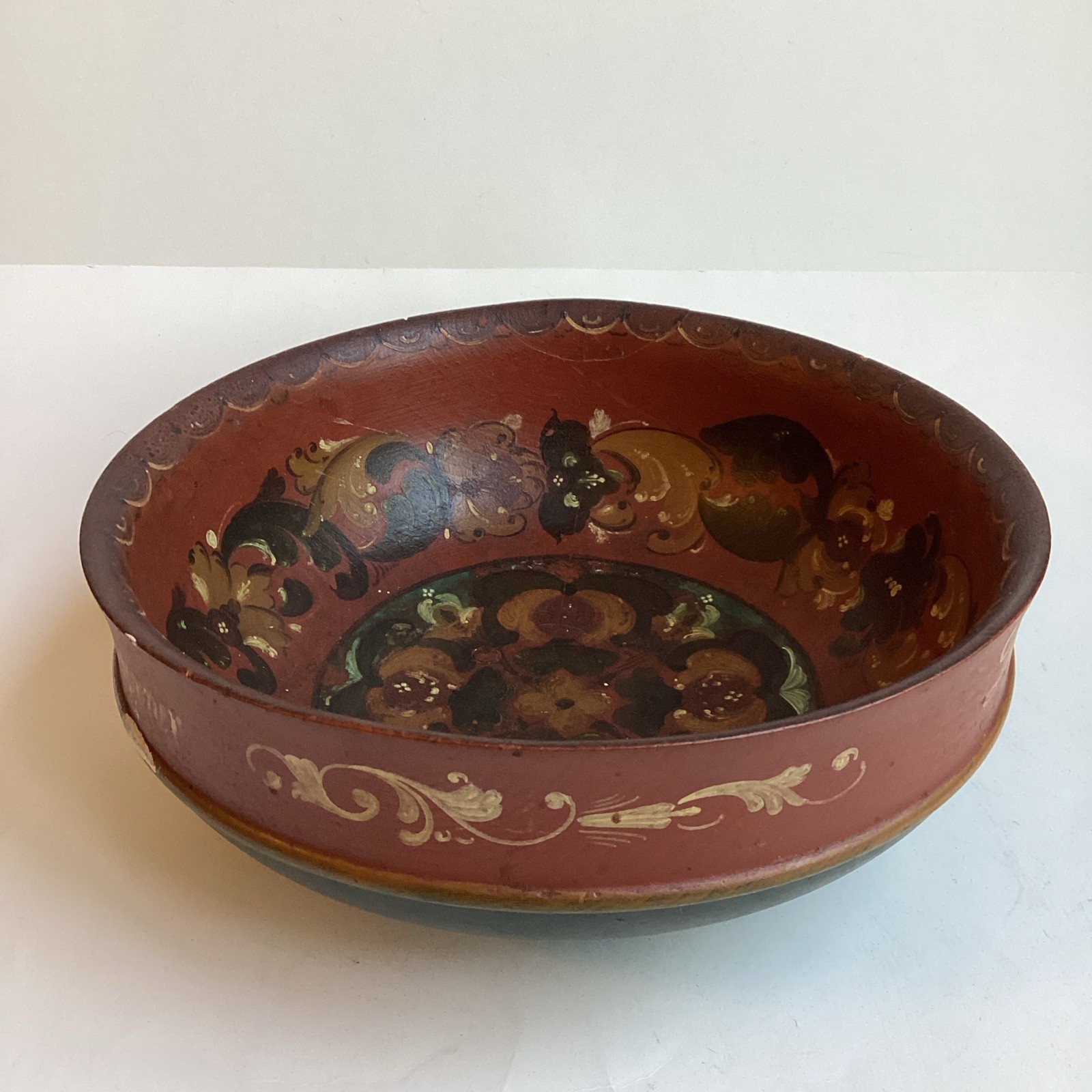 Norwegian Rosemaling Ale Bowl Large 11” Floral Turned Wood Vintage Antique Beer