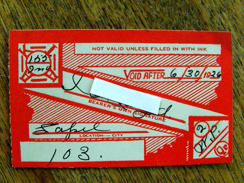 Antique 1926 membership Card