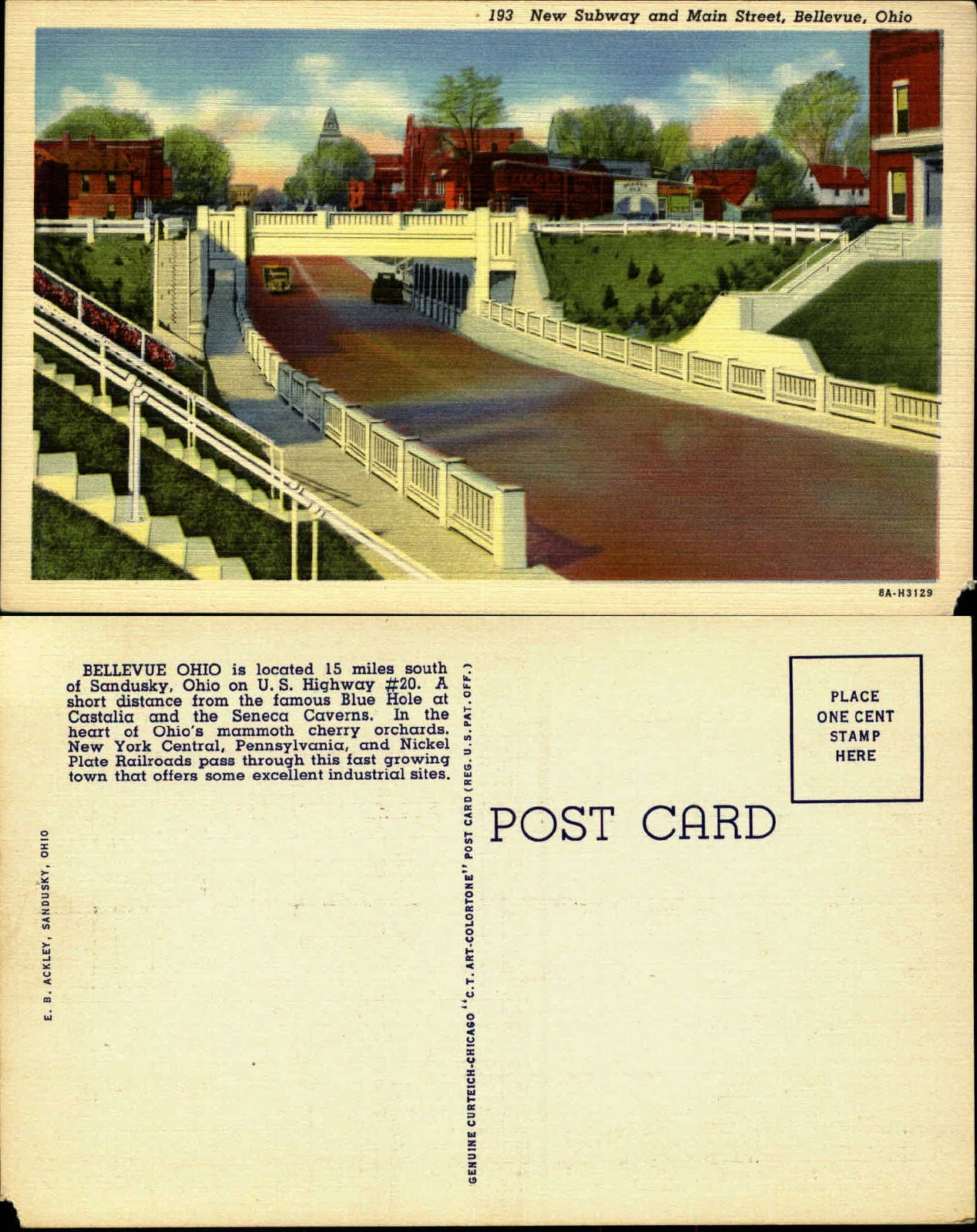 Subway underpass and Main Street Bellevue OH Ohio linen unused