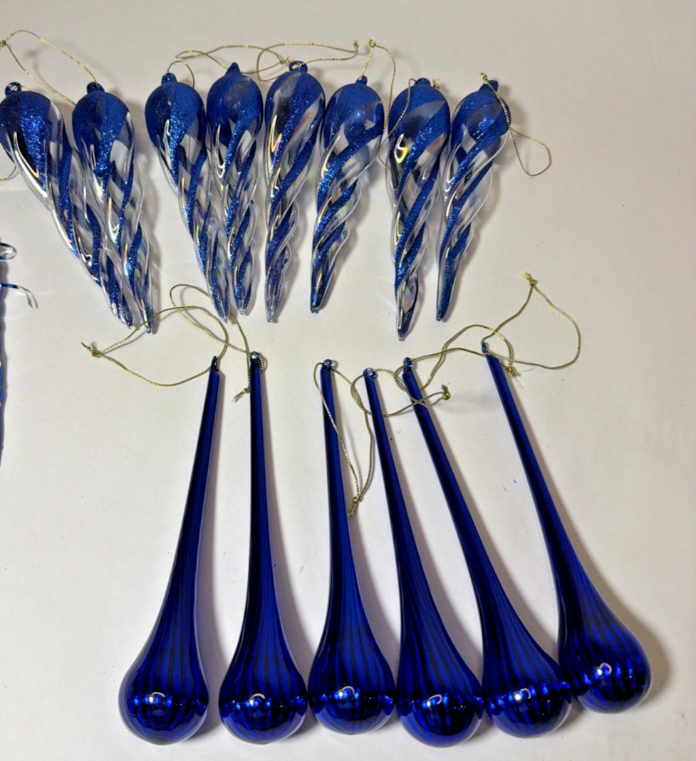 Mixed 14 Colbalt Blue Smooth Glass Tear Drop, Glitter, Icicles Ornaments Vtg
