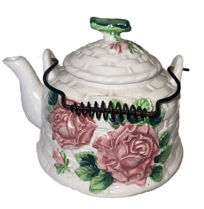 Vtg fun Rubens Originals Teapot Los Angeles/Japan, #2153, Basketweave Pink Roses