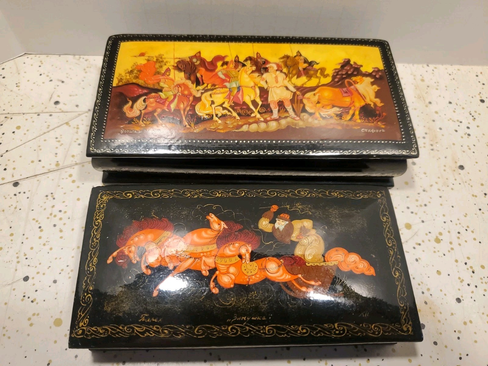 2 Vintage Russian Signed & Titled Shallow, Black w/ Horses Trinket Boxes