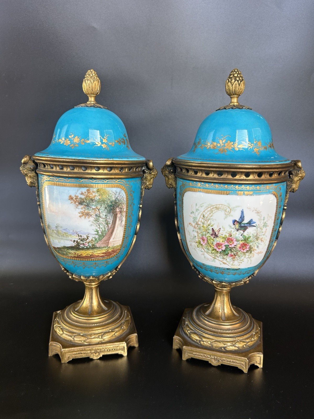 SEVRES Style ORMOLU Bronze GILT French Porcelain URN Vase Hand-Painted PAIR 11”